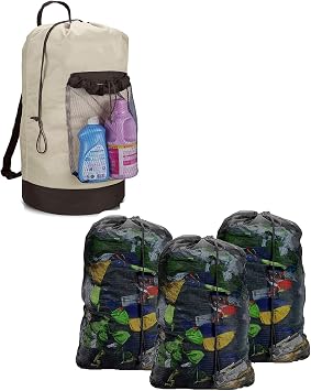 Dalykate Laundry Bag with Shoulder Straps and Mesh Pocket and Mesh Laundry Bags 3 Pack, 2 Item Bundle