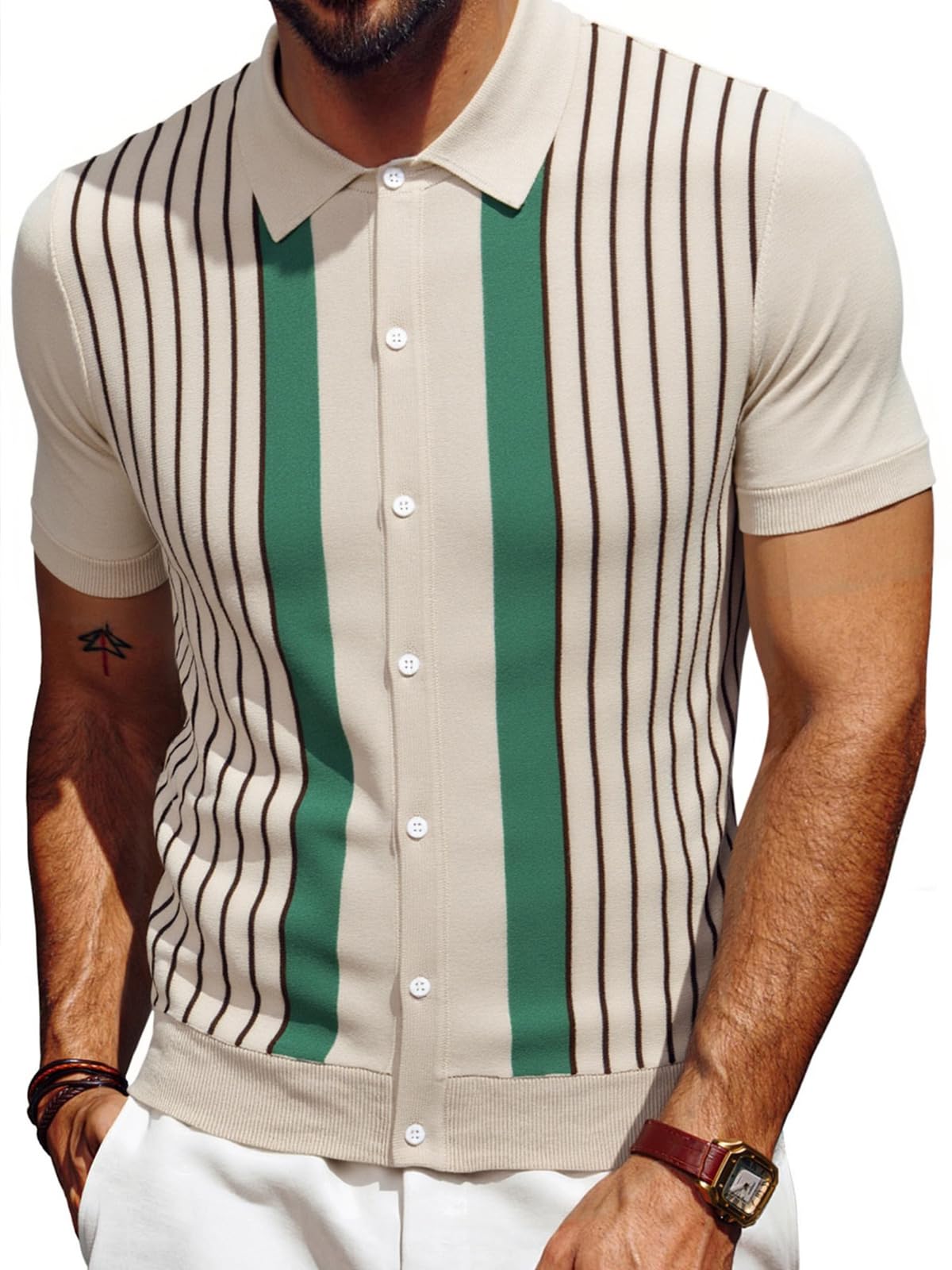Les umes Polo Uomo A Righe Retro Cardigan Con Maniche Corte Cotone Estate Golf Casual