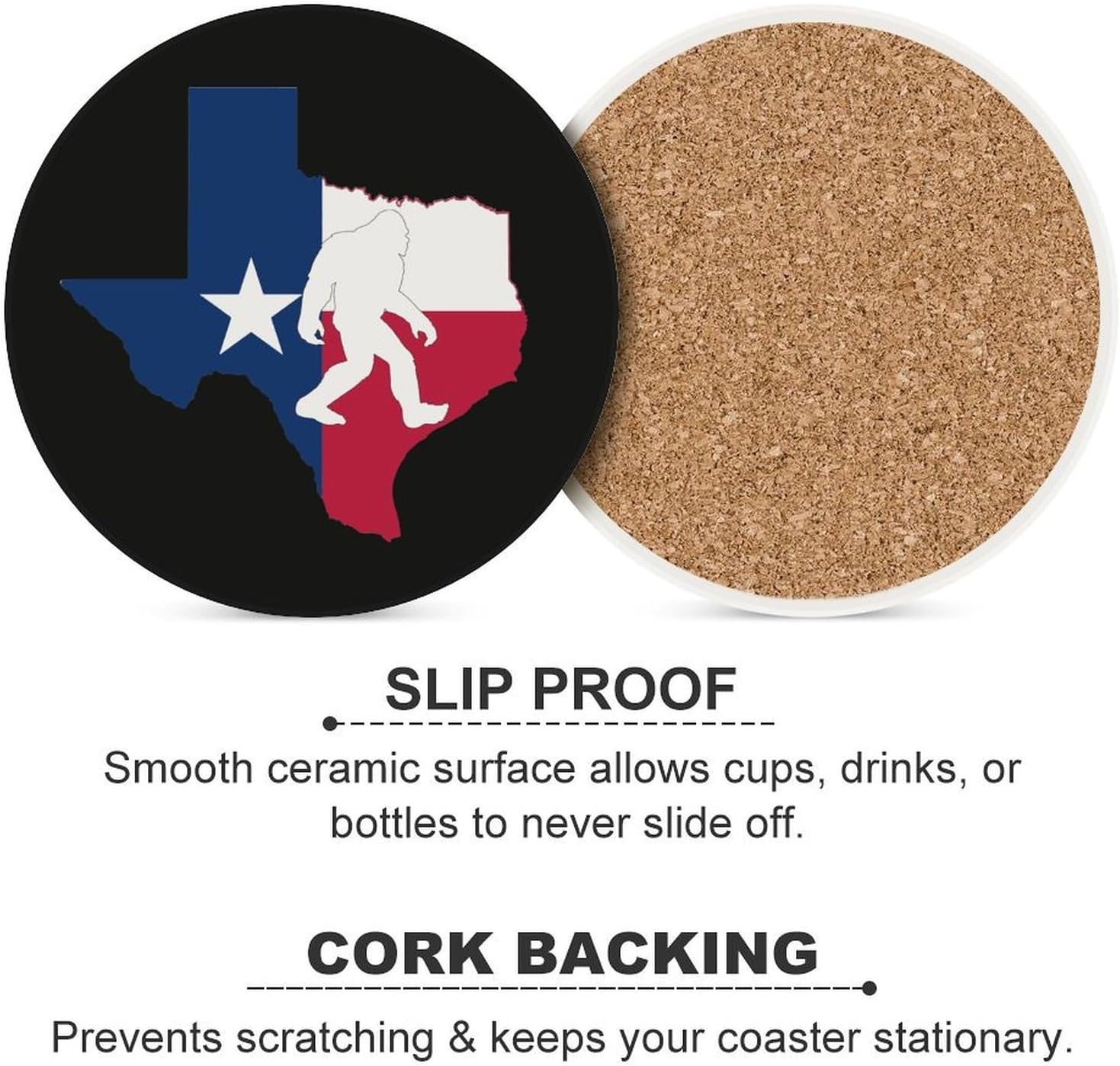 Texas Distressed Bigfoot Flag Round Ceramic Coasters Print Drinks Absorbent with Cork Base for Home Decor Gifts 4 Inch