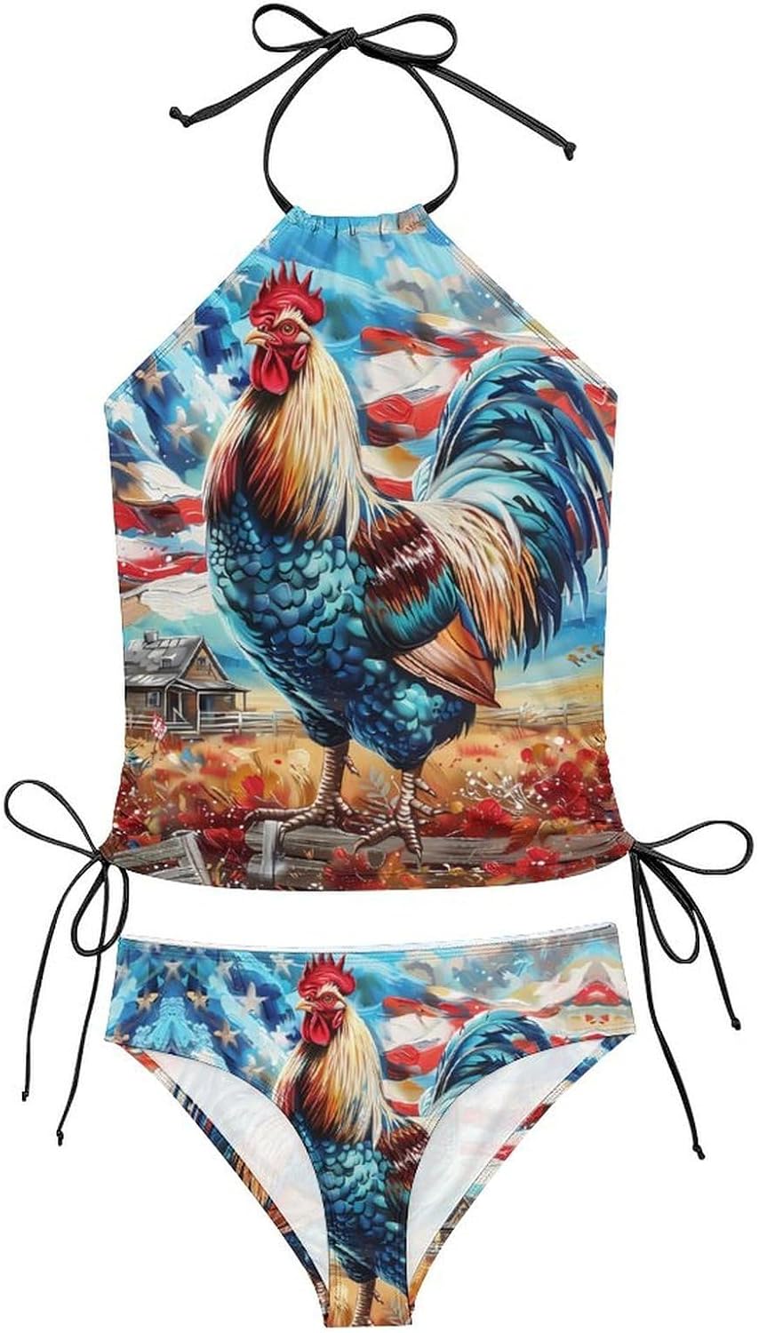 Colorful Rooster U.S. Flag Women's Tankini Swimsuit Two Piece Tummy Control Bathing Suits Tie String Swimwear
