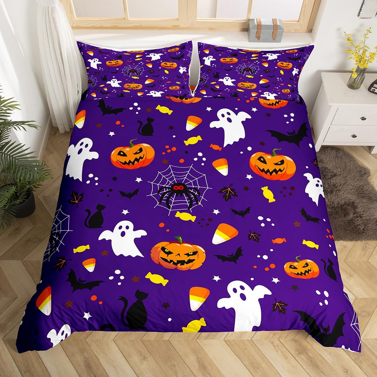 Podwójna poszewka na kołdrę na Halloween, zestaw pościeli z dynią dla dzieci dziewcząt chłopców nastolatków dorosłych, duch gotycki upiorny pokrowiec na kołdrę pająk nietoperz cukierki narzuta na