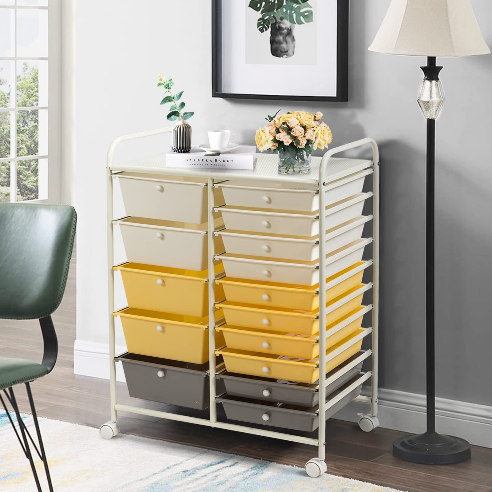GOPLUS Chariot de Rangement 15 Tiroirs, Tiroir Détachable, Tour de Rangement à 4 Roulettes, 2 avec Frein, pour Chambre, Bureau, 63 x 37 x 87 CM, Jaune