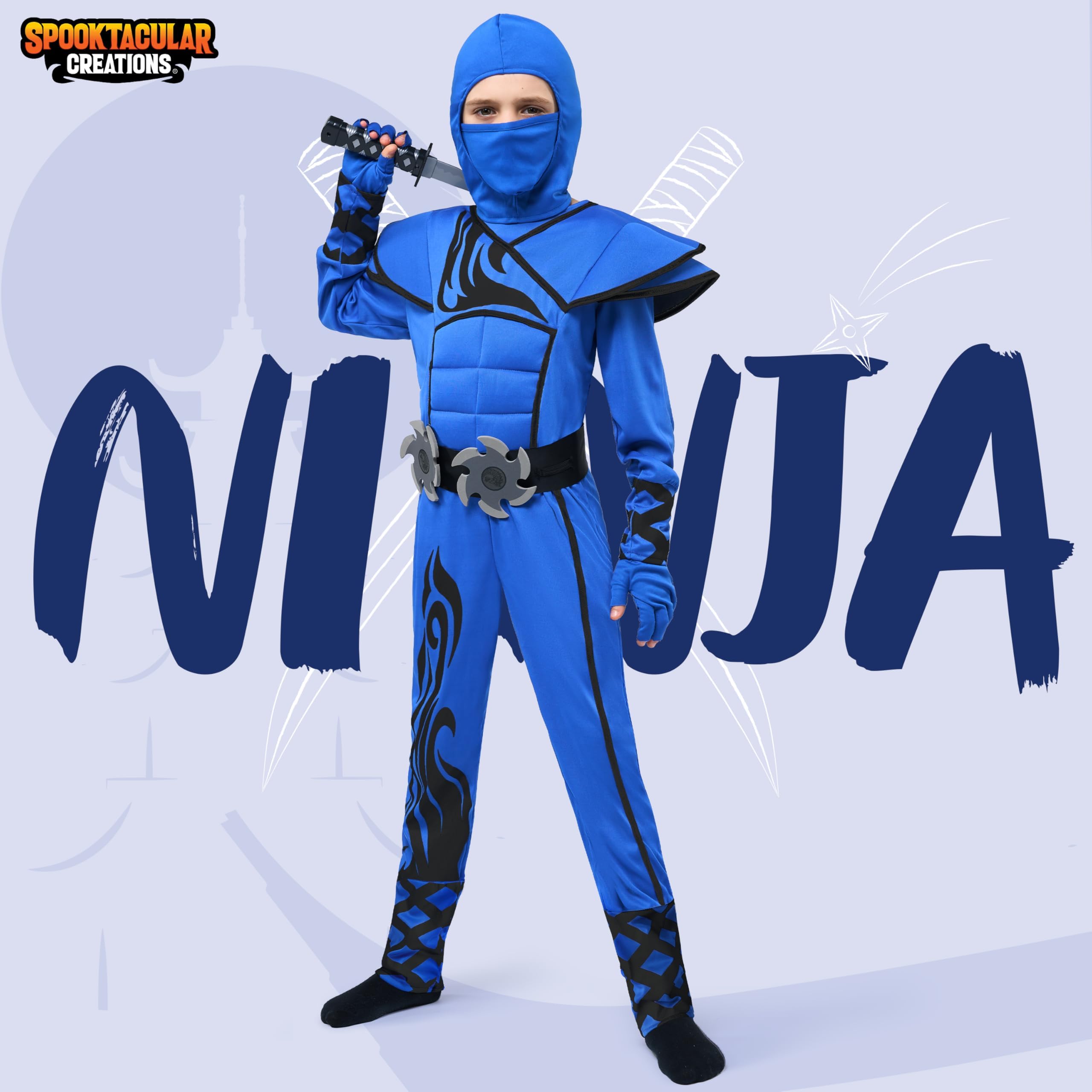 Spooktacular Creations Markantes Blaues Ninja Kostüm für Kinder, Stealth Kostüm, Halloween, Kinder, Kung Fu Outfit, Weihnachten, Karneval