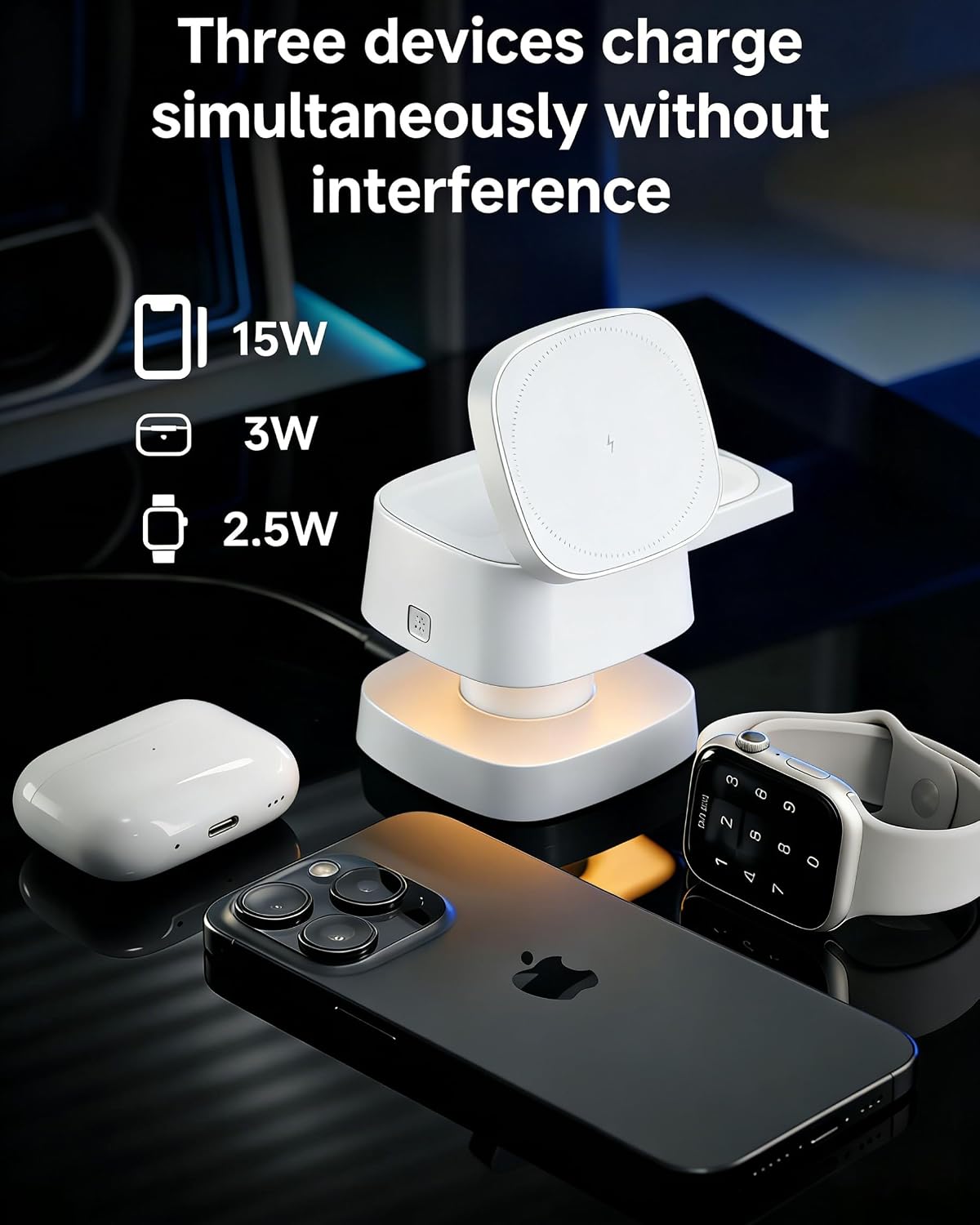 4-in-1 Wireless Charging Station, 15W Fast Charging with Adjustable Night Light, Compatible with iPhone 15/14/13/12 Series, Apple Watch, AirPods – White (White)