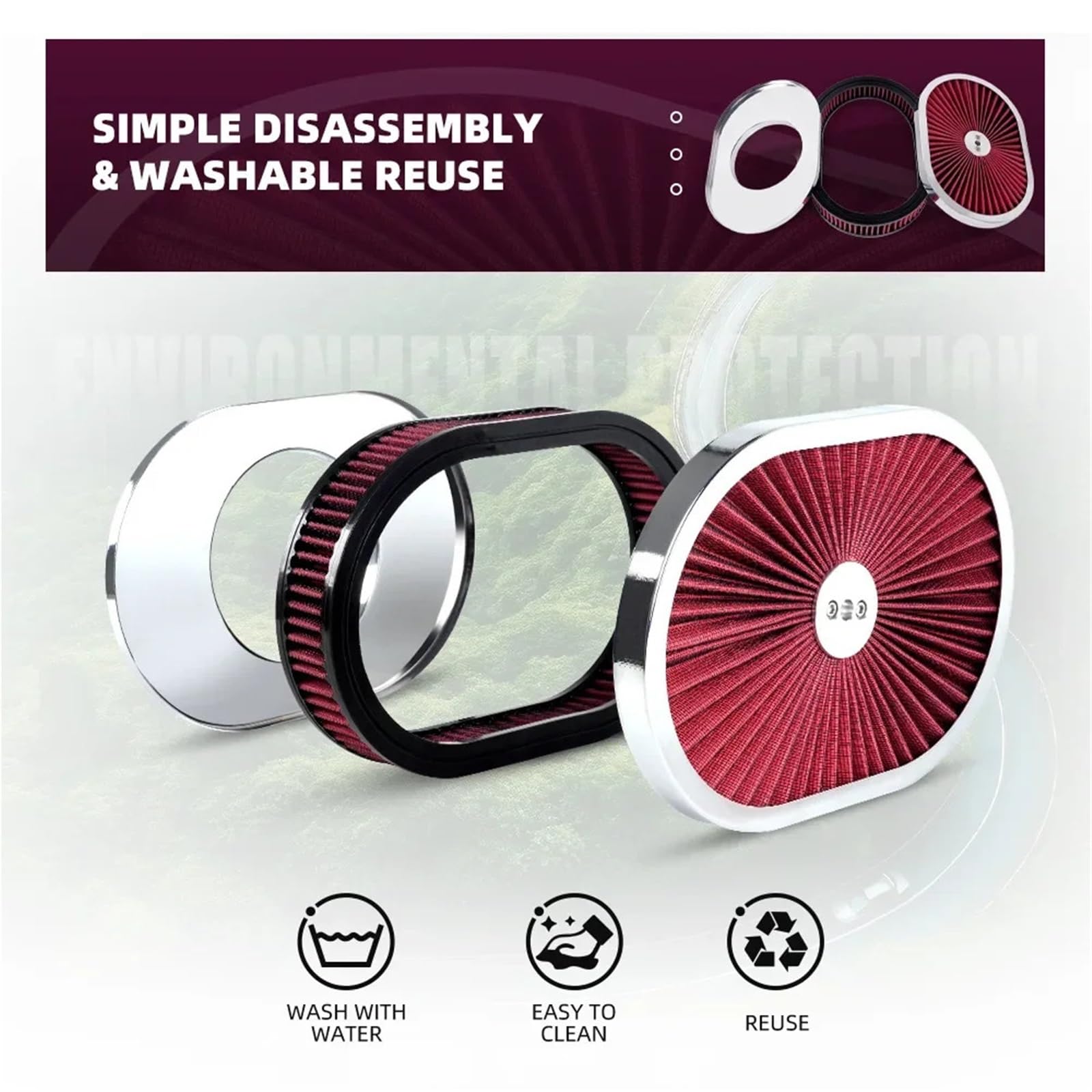 Filtro de aire para moto Compatible con Chevy Compatible Ford Conjunto de filtro limpiador aire ovalado alto flujo cromado 12 "x 2" Cuello carburador 5-1/8 "con tapa(Red)