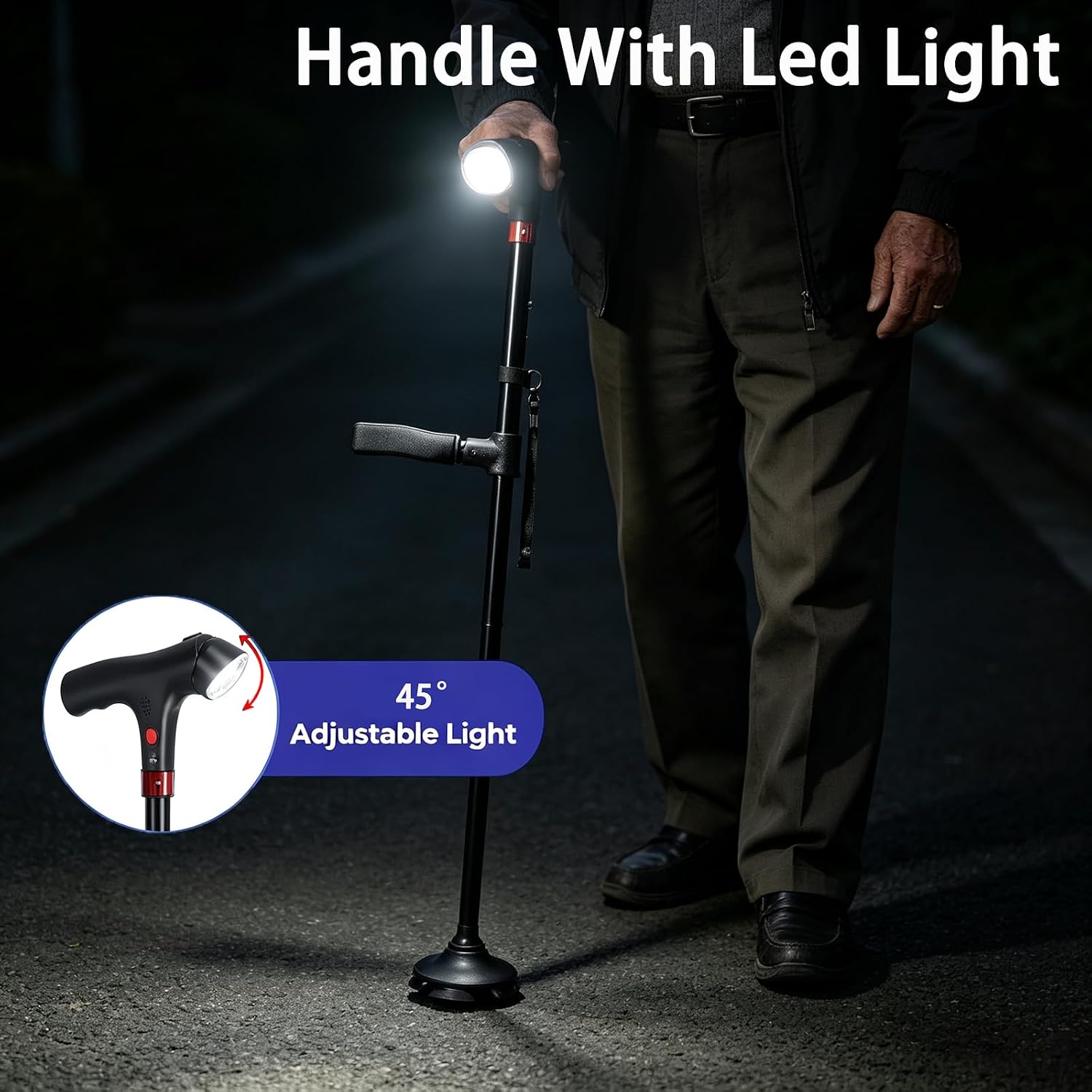 Walking Cane for Men & Women, 3-in-1 Folding Cane with Alarm and Light, Adjustable, Collapsible Walking Stick for Seniors Balance with a Second Handle