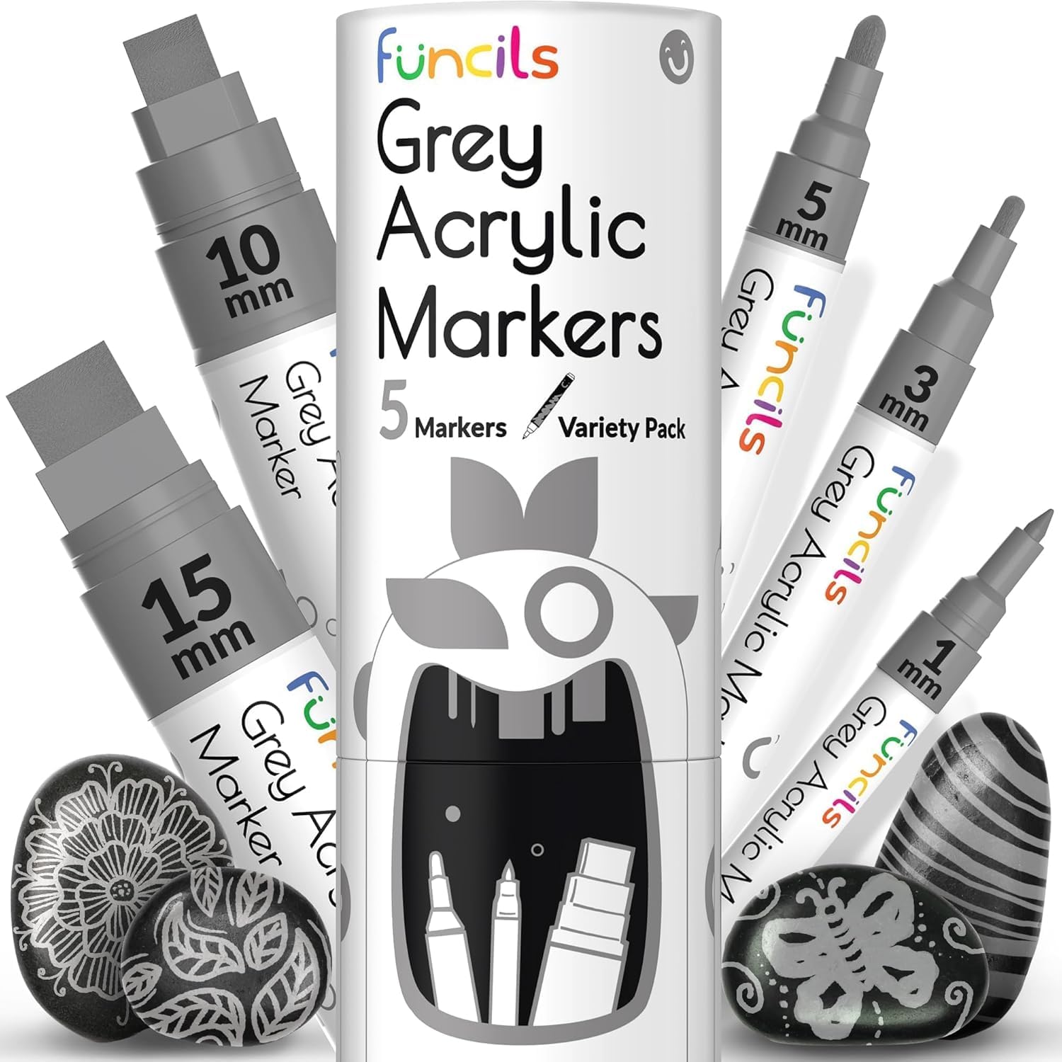 Funcils 5 Grey Acrylic Paint Pen - Fine Tip, Thin Point & Jumbo Pens (1mm, 3mm, 6mm, 10mm, 15mm) - Gray Paint Marker for Fabric, Canvas, Wood, Rock