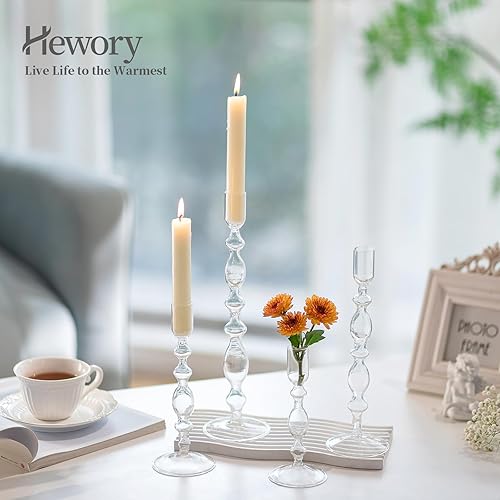 Miniatura 4 de Hewory Glass Candle Holder Set: 4PCS Clear Glass Candlestick Holders Vintage Taper Candle Holders for Candlesticks, Unique Candle Sticks Holder