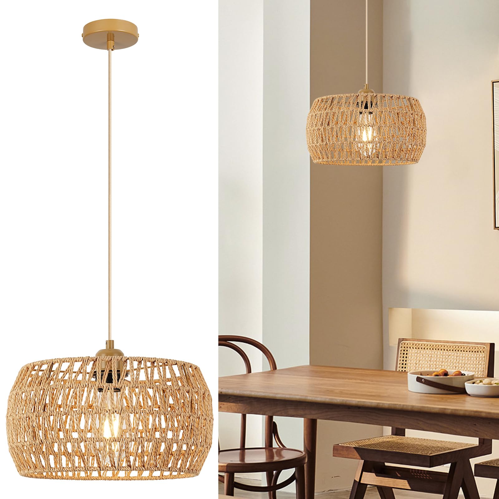FORCOSO Rattan Pendelleuchte Esstisch - Vintage Hängelampe E27 Boho Lampe Ø32cm Hängeleuchte Rattan Deckenlampe für Schlafzimmer Wohnzimmer Esstisch Küche Flur - Braun