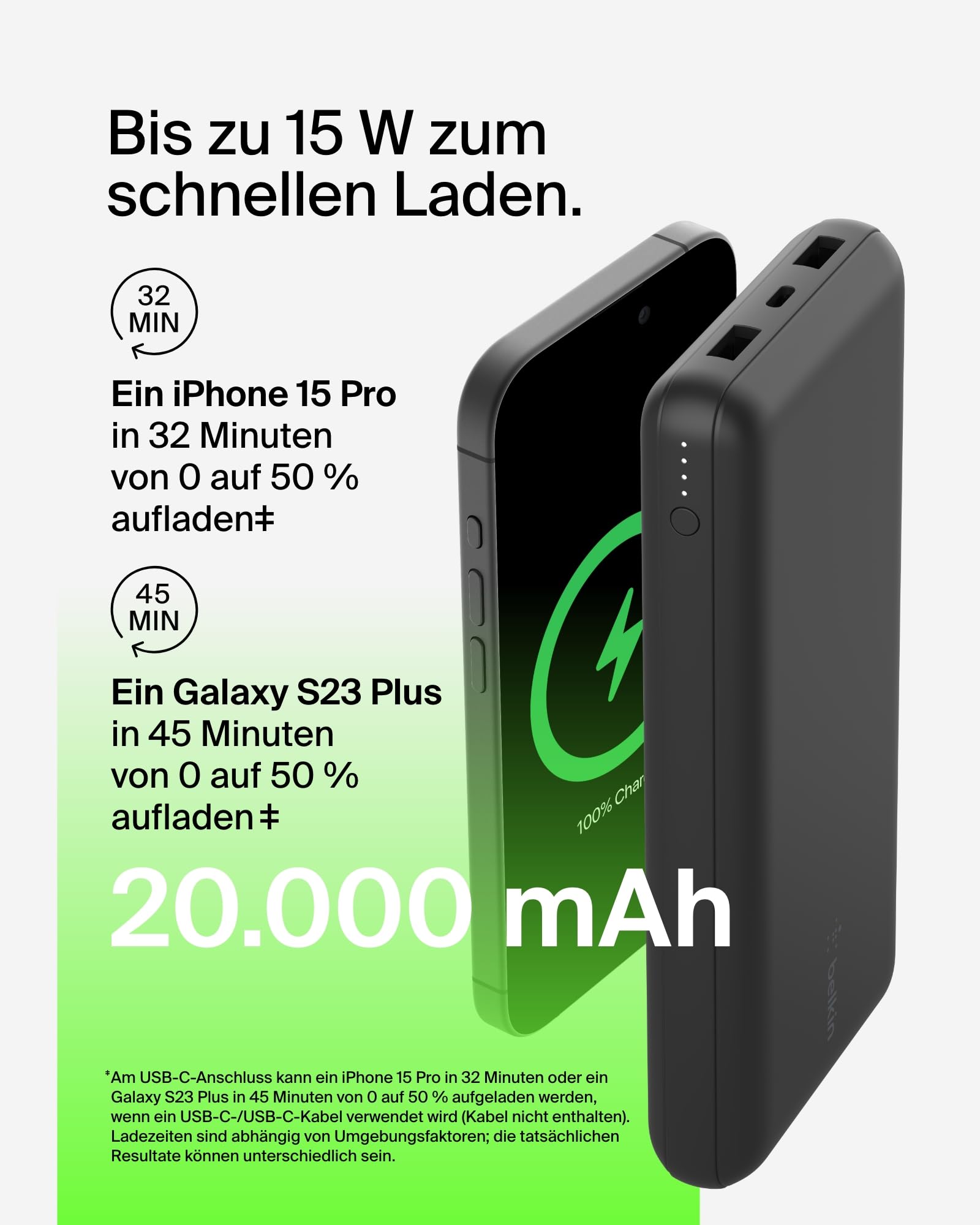 Belkin tragbares -Ladegerät, 20.000mAh, 20K Powerbank mit -Ein-/Ausgang und 2 USB-A-Anschlüssen mit USB-C/USB-A-Kabel für iPhone, Galaxy, Pixel, iPad, AirPods und andere Geräte – Schwarz
