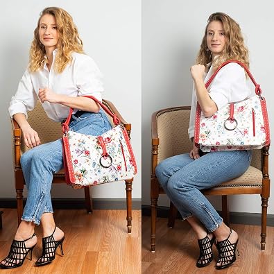 Italian Genuine Leather Flower Pattern Zippered Top Tote Shoulder Bag Handbag For Women