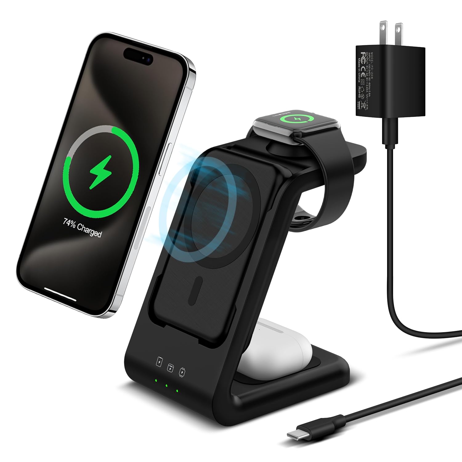 3 in 1 Wireless Charging Station 5000mAh Removable Power Bank Charger Stand for Phone Watch Air Pods -