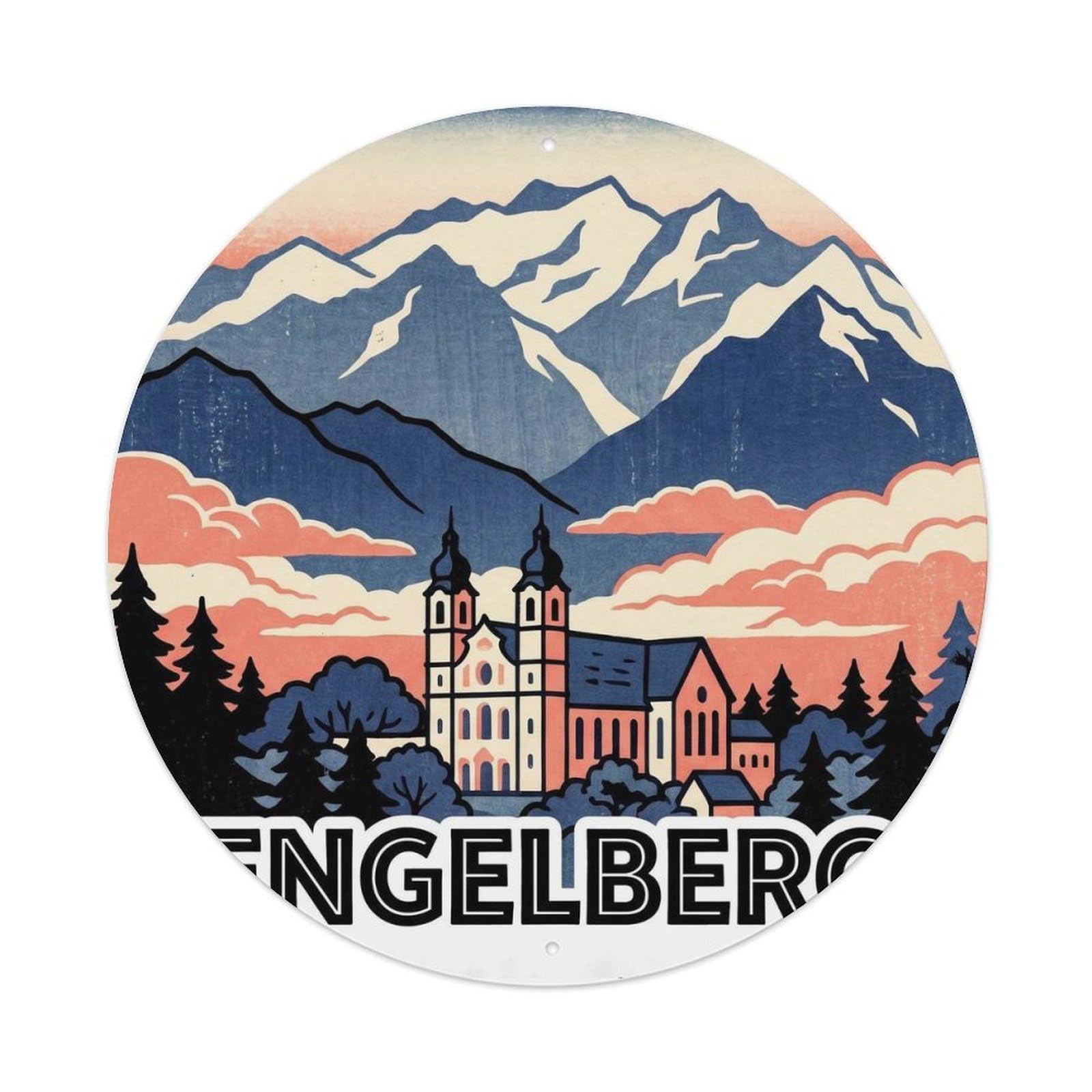 Engelberg Switzerland Vintage Mountain Heritage Alpine Resort Metal Tin Sign Plaque Wall Decor for Cafe, Man Cave, Club Bar, Office, Home Garden Round Metal Poster 8x8Inch