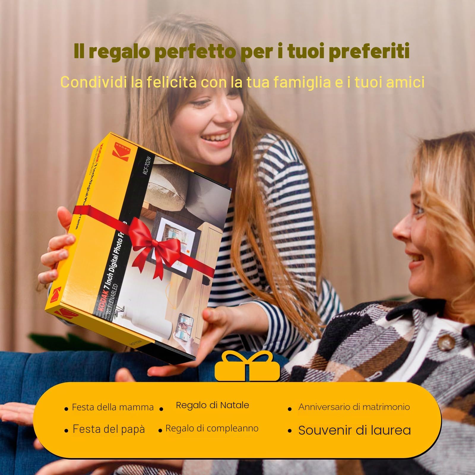 KODAK Cornice Digitale WiFi Cornice Foto Digitale, 7 Pollici HD IPS Touchscreen, Legno Cornici Elettronica con 32GB di Memoria, Portafoto Digitale Condivisione di Foto/Video via APP o Cavo di USB C