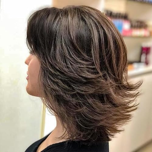 Aisaide Pelucas cortas de color gris oscuro en capas con flequillo de cortina para mujer, peluca sintética color gris degradado, peluca rizada con