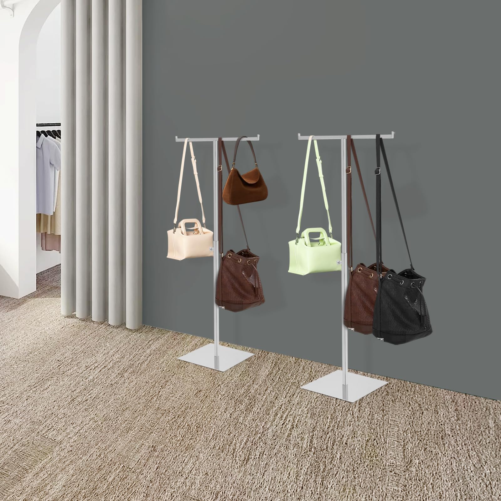 GeldböRse Display StäNder T-FöRmiger Expositor de Bolsos Ajustable de Metal Acero Inoxidable, Multifuncional para Bolsos de Hombro y Accesorios (Plata)