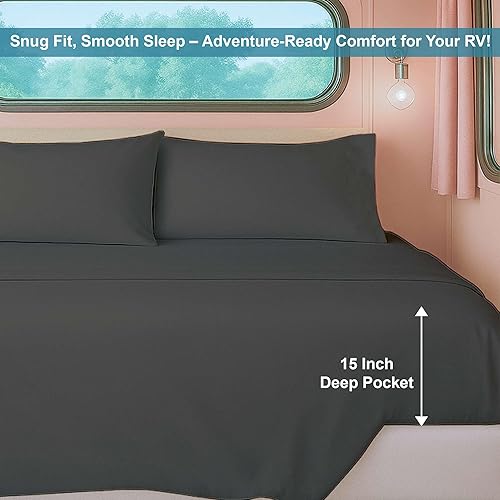 Miniatura 4 de Juego de sábanas de 4 piezas para caravana de tres cuartos (48 x 80), color gris oscuro, sábana bajera de bolsillo profundo para colchón de 15
