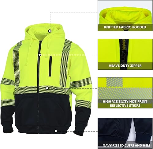 Miniatura 5 de Alta visibilidad ANSI Clase 3 Reflectante de Seguridad Fleece Sudadera con capucha para hombres Hi Vis Sudaderas Chaqueta con cremallera