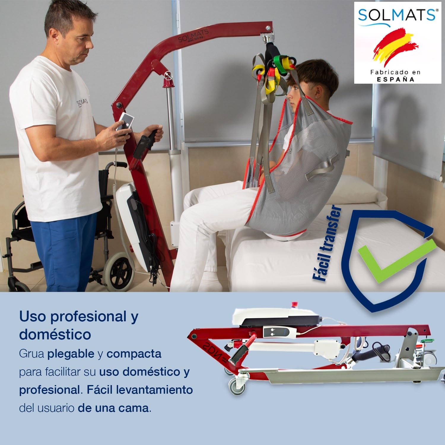 Grúa eléctrica, Grúa personas mayores, Grúa para enfermos, Elevador de pacientes, Marca Española, Solmats, Soporta 150 kg, Arnés Incluido, Personas Mayores, Segura, Plegable, Fácil de Usar