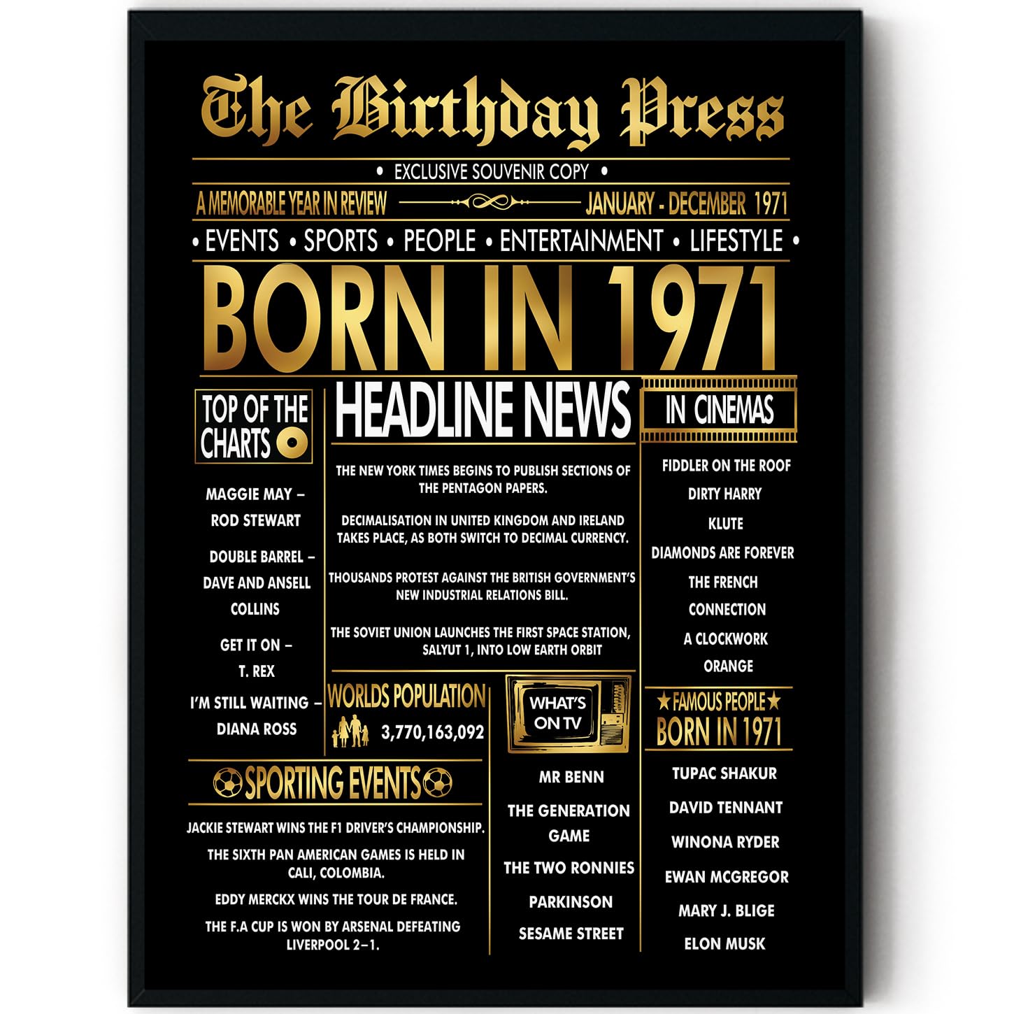 Stuff4 Men's 1971 Gold 55Th Birthday Poster Framed - Golden Born In Newspaper - Happy 55 Birthday For Wo Retro Vintage Gifts Back In 8X10 Inch Bday Party Decor Decoration
