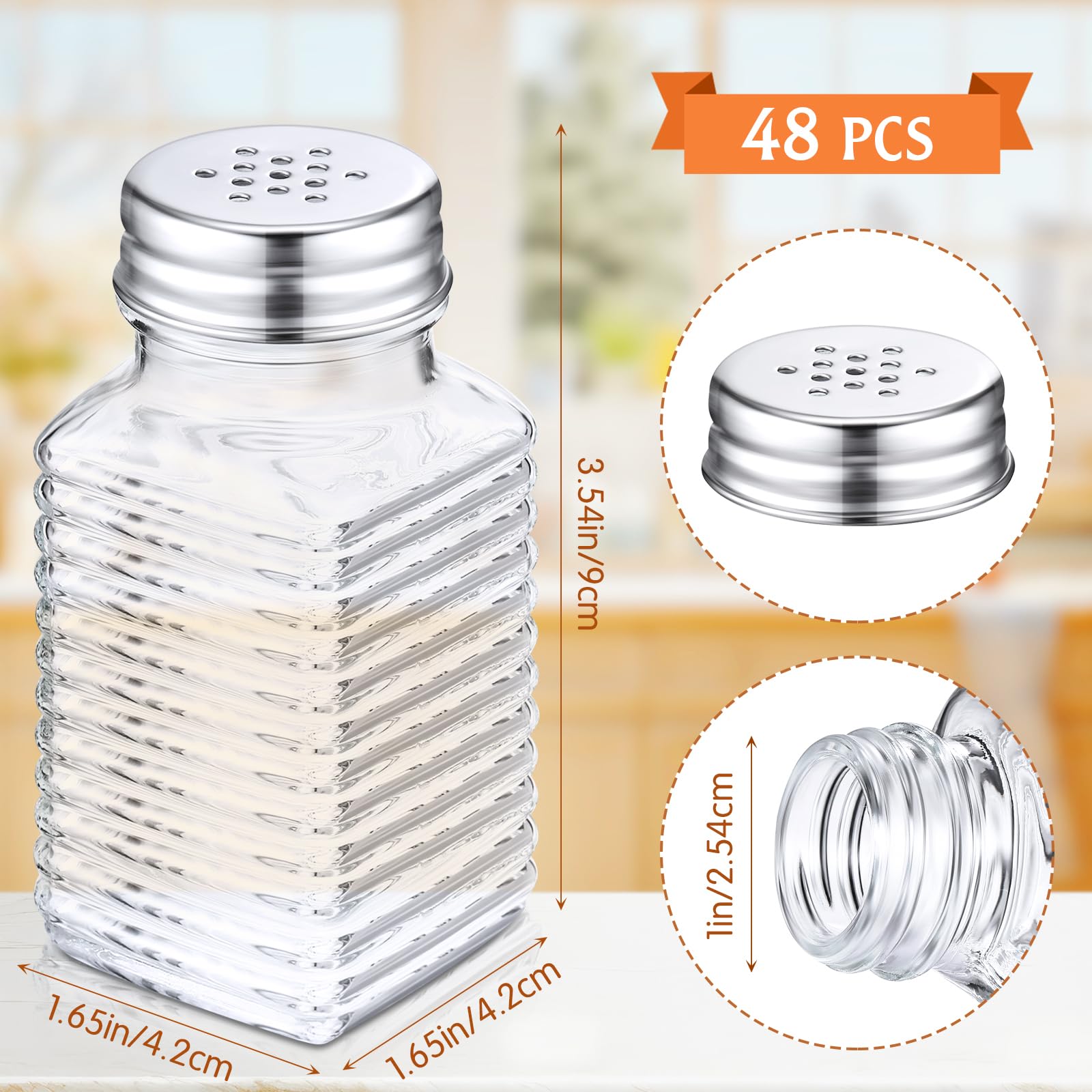 Bokon Paquete de 48 saleros de vidrio a granel con tapas de acero inoxidable de 2.7 onzas, pequeño agitador de especias para cocina, restaurantes y catering, suministros de fiesta de boda (moderno)