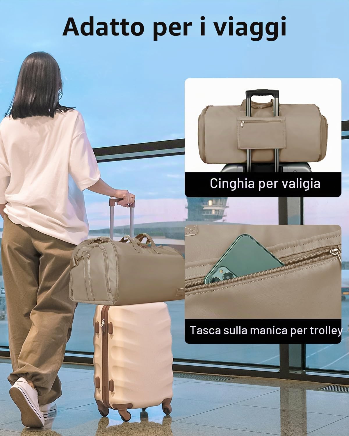 47L Borsa da Viaggio Pieghevole Uomo Donna, Borsa Porta Abiti Grande con Scomparto per Scarpe, Borse Sportivo Multitasche con Tracolla per Fine Settimana, Cachi