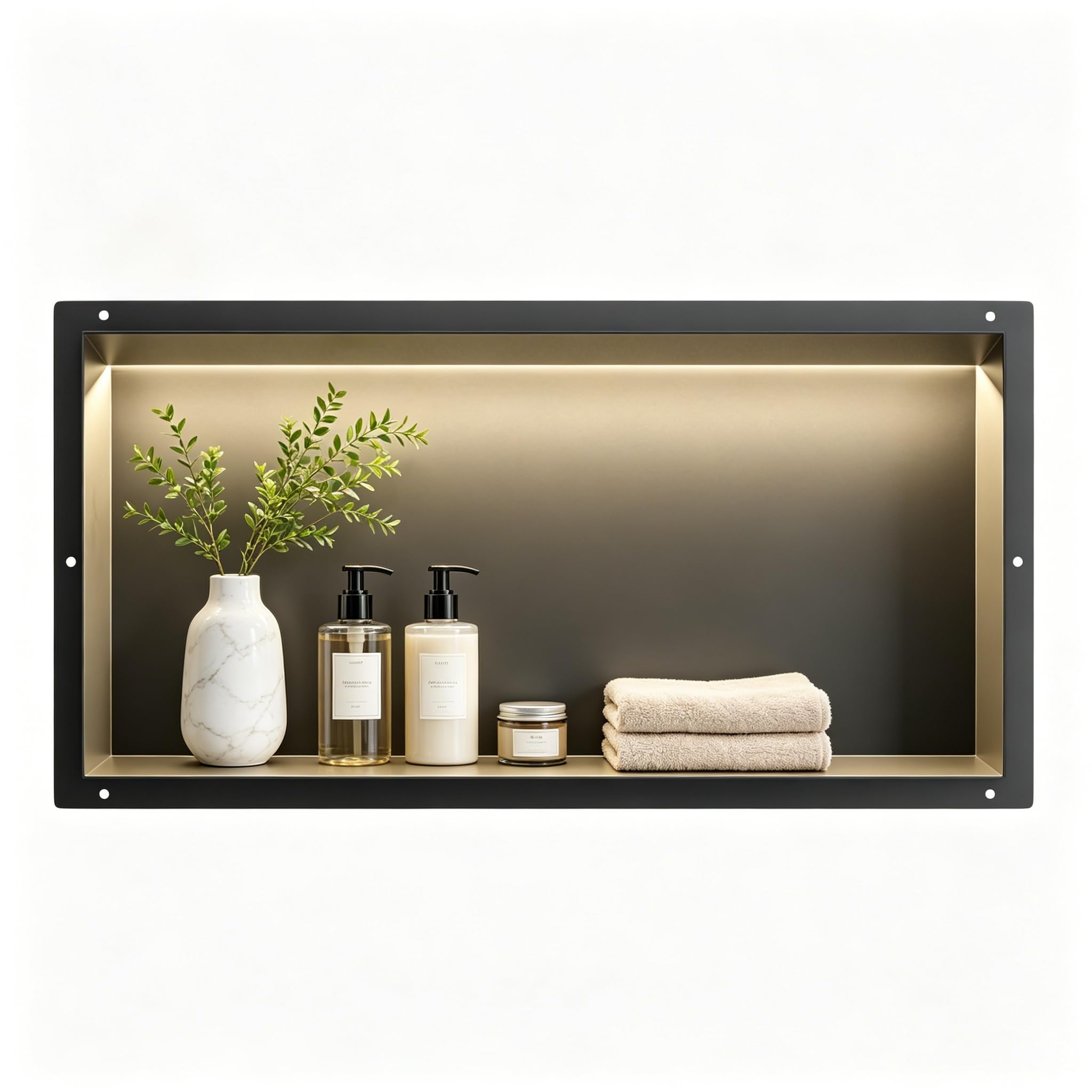 Wandnische Dusche Edelstahl, wasserdichte Nische mit LED-Licht, Eingebettete Duschnische 60x30x10cm, Einzelbett Duschnische, Eingebettete Lagerung im Duschraum, Schwarz