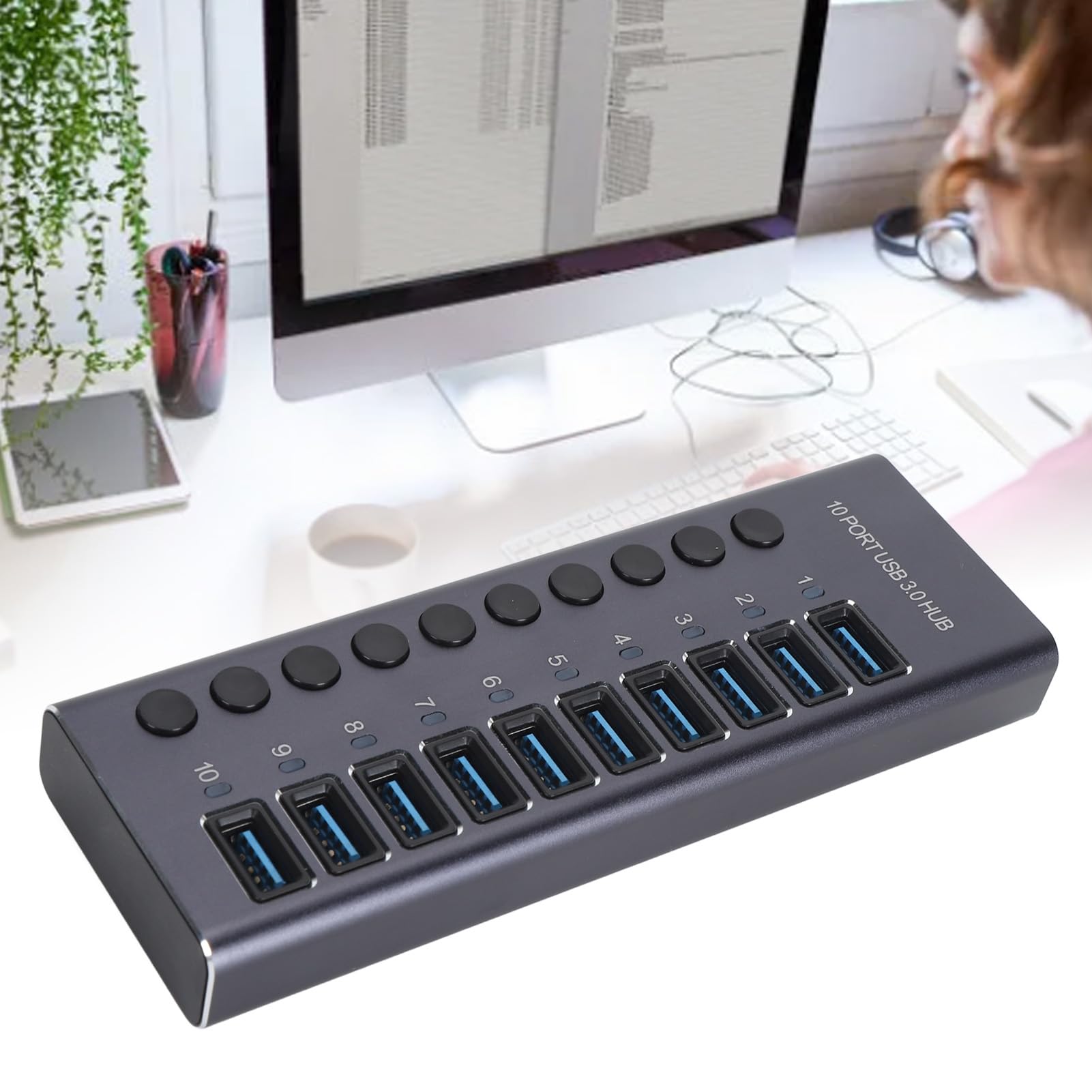 USB 3.0 Hub, 10-portowa Stacja Dokująca ze Stopu Aluminium z Indywidualnymi Przełącznikami LED i Zasilaczem 60W, do Laptopa, Komputera PC, Konsoli do Gier (wtyczka UE)