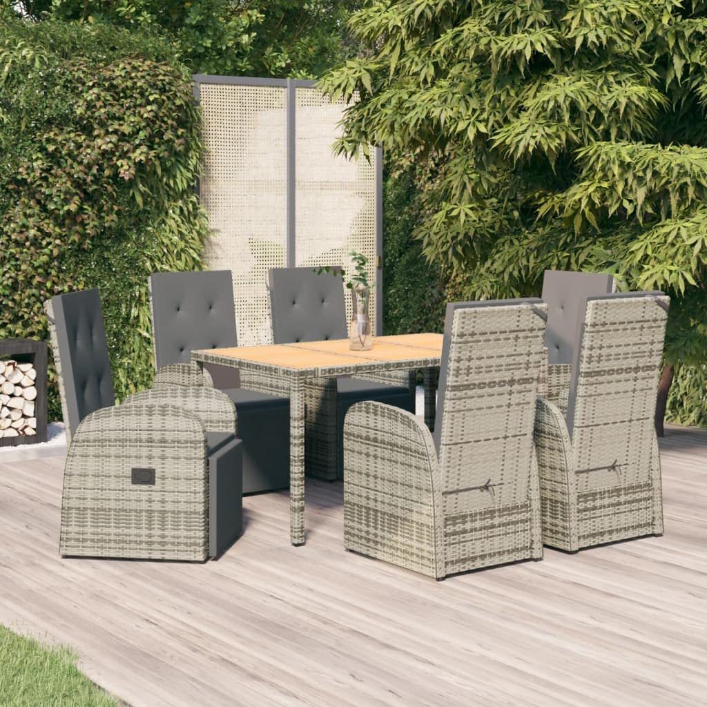 Juego de 7 piezas de comedor de jardín con cojines de ratán gris de polirratán, juego modular con función reclinable y cojines gruesos acolchados para mayor comodidad