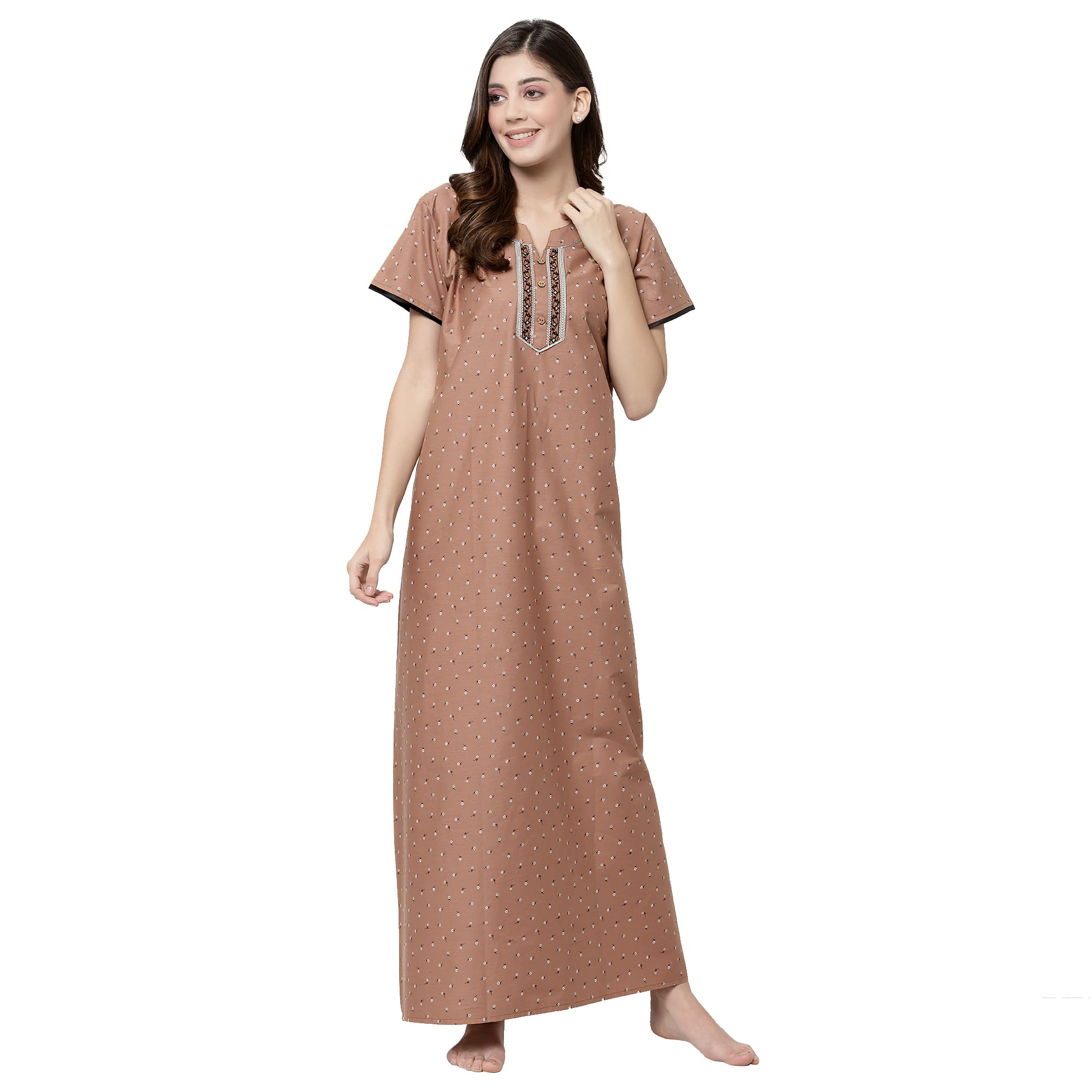 sweet dreams Women Printed Half Sleeve Square Neck 100% Pure Cotton Maxi Long Nighty-Floral Pink Relaxed Nightgown-picture-16