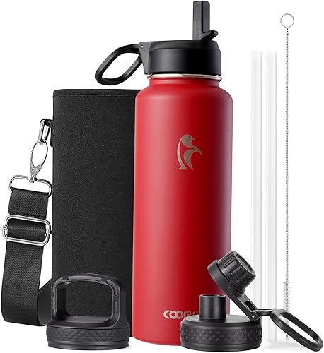 Miniatura 11 de Coolflask - Botella de agua de 64 onzas aislada, con popote y 3 tapas, de acero inoxidable con boca ancha, libre de BPA, mantiene las bebidas frías