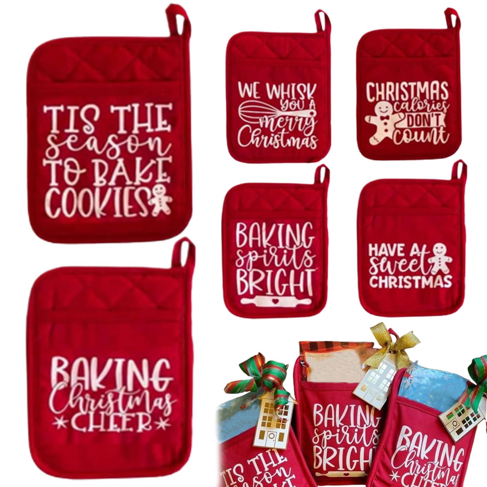 Maniques de Noël de cuisson lot de 6 gants de cuisine rouges avec poches