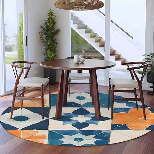 Miniatura 4 de 6ft Round Rug, Abstract Blue Non-Skid Rubber Backing Large Area Rugs - Living Room Bedroom Home Office, Orange Color Block Retro Watercolor Boho