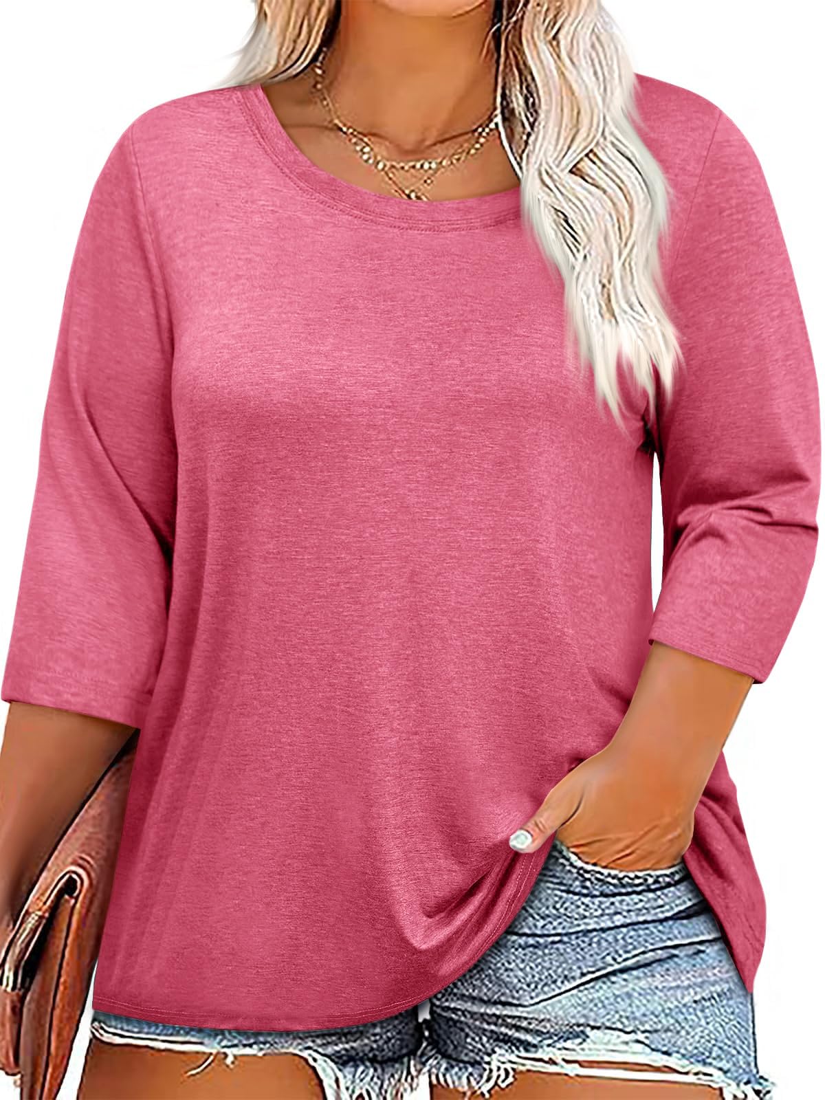 BeautifePlus Size Tops for Womens 3/4 Sleeve Casual T Shirts Loose Fit Tunic Blouse