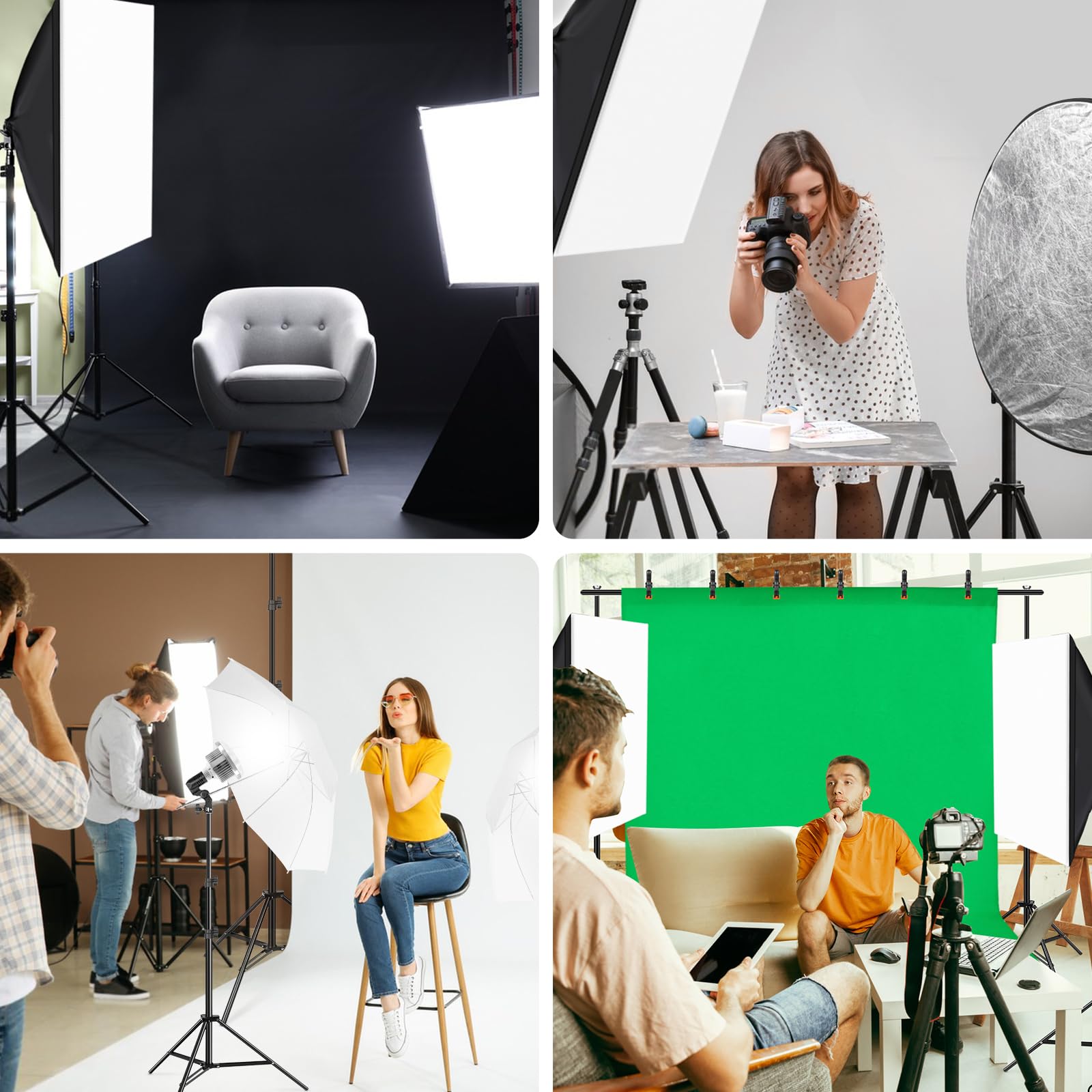 Fotostudio Set, Foccalli Softbox Studio Beleuchtungsset mit 2.6x3m Hintergrundsystem Greenscreen Set, 85W 2700-6400K LED Lampen, Regenschirme, Reflektor für Fotostudio, Porträt und Video Shooting