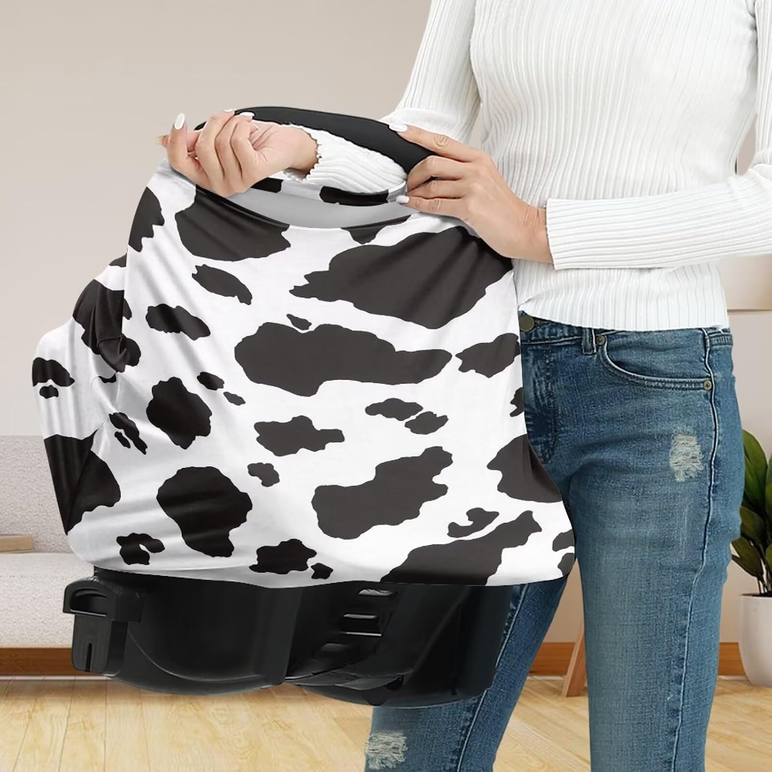 Cow Print Baby Stuff Car Seat Cover for Baby Carseat Covers for Girl Boy Stretchy Soft Breathable Nursing Cover Breastfeeding Infant Unverisal Fit Car Seat Canopy Carrier Cover