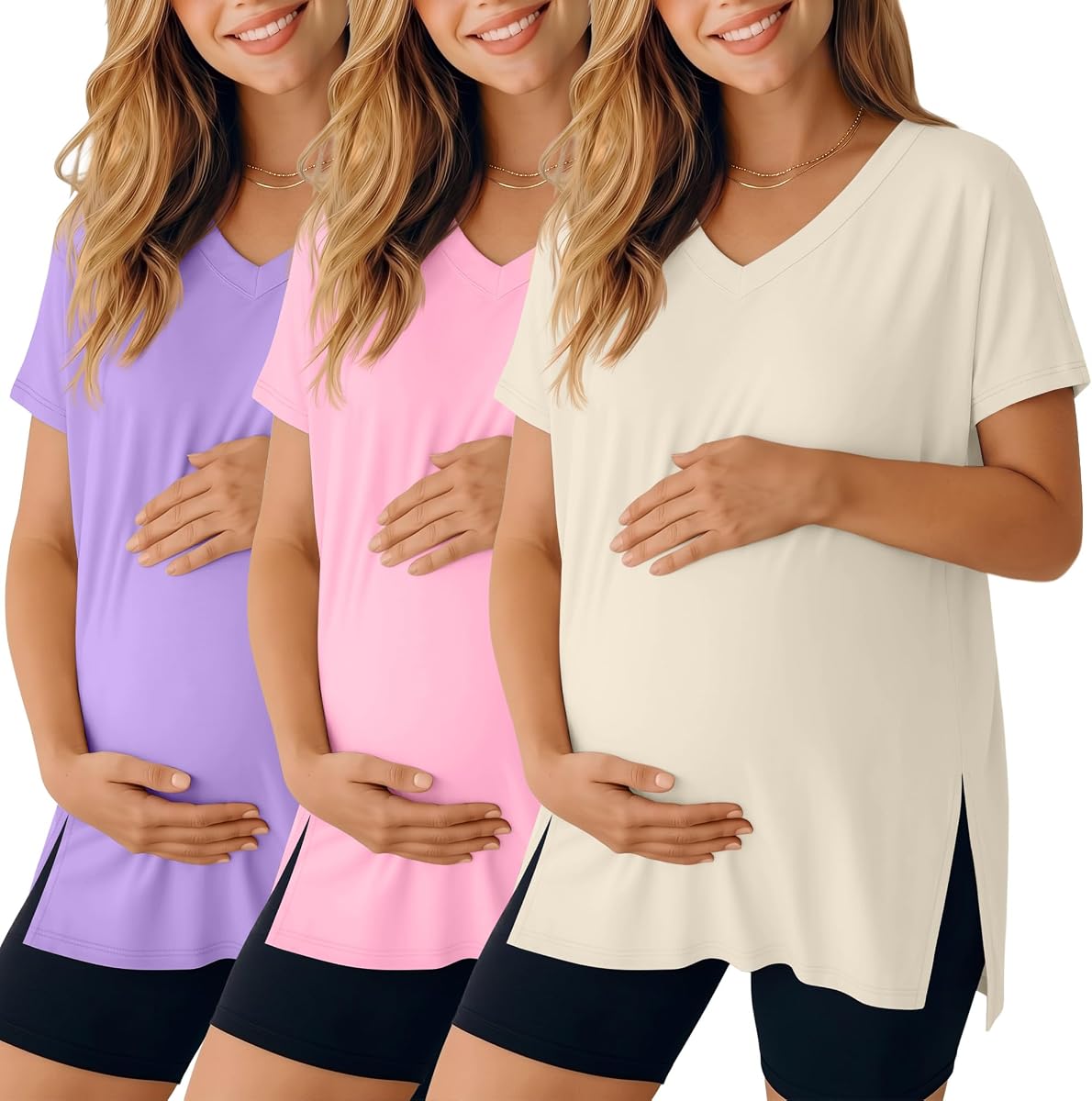 Paquete de 3 camisas premamá para mujer | Manga corta, camisetas de embarazo, cuello en V, camisetas laterales abiertas, informal, suave, ropa de maternidad