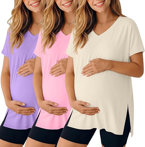 Ficerd 3 Pack Women's Maternity Shirts, 3-Color, Medium