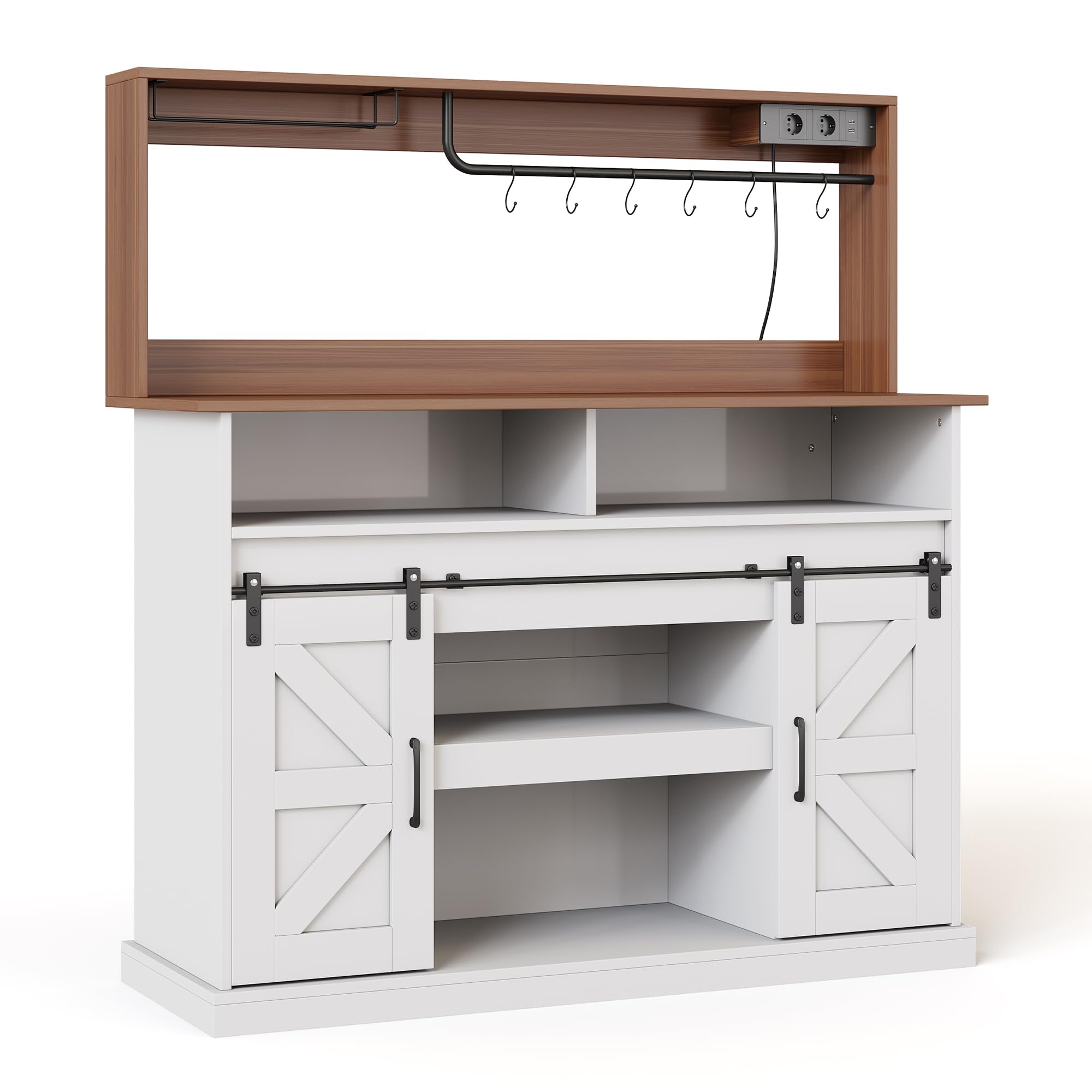120 cm Lange Kaffeebar mit Gläserhalter und Steckdosen (2×AC, 2×USB), Sideboard mit Stauraum, Sideboard im Landhausstil für Küche/Wohnzimmer mit Schiebetüren