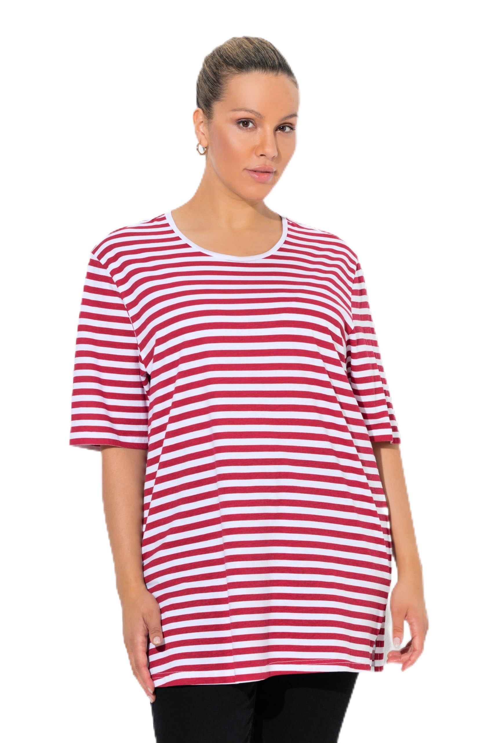 Ulla Popken Womenswear Plus Size Curvy Eco Cotton Striped Crew Neck Tee Lychee 54+ 846543530-54+