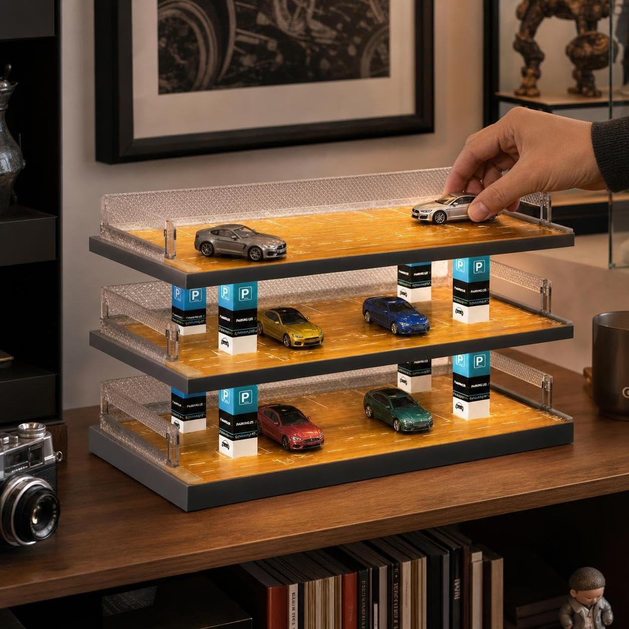 Garage per auto modellini 1:64, Diorama Parcheggio a 3 Livelli con Illuminazione LED, Vetrina Espositiva per Auto Diecast