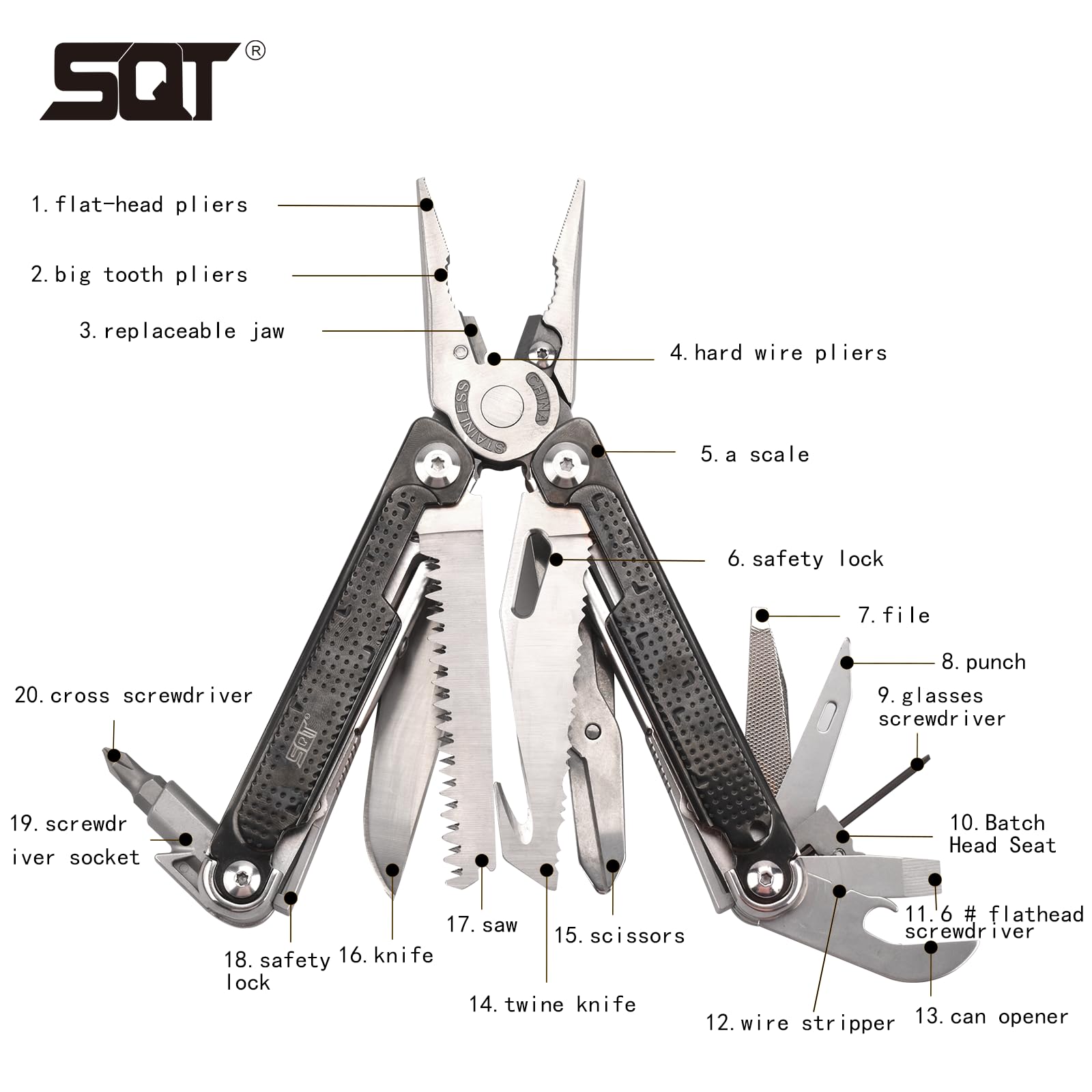 SQT2048 20-in-1 Multitool, Foldable & Self-Locking, Professional