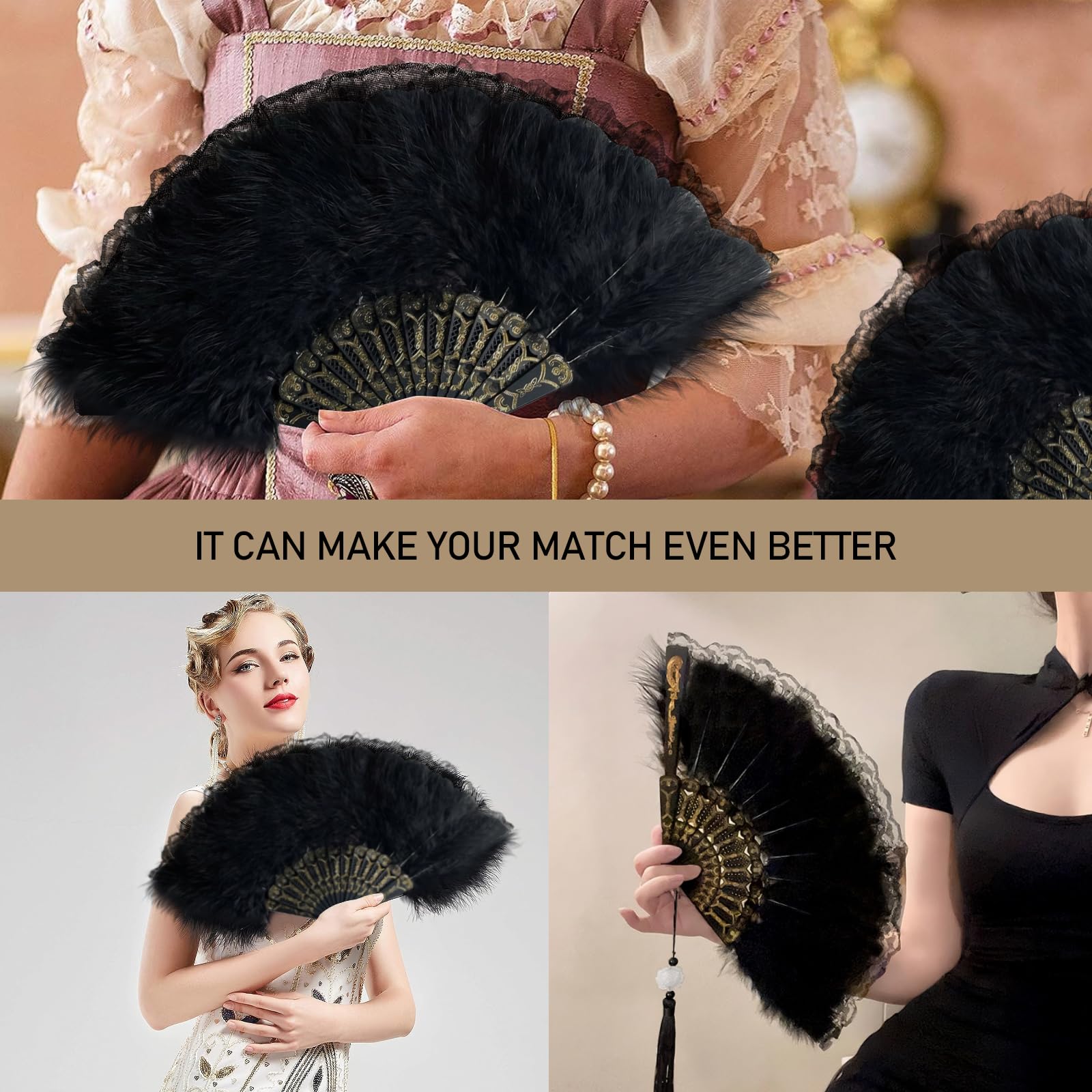 MWOOT Éventail Plumes Marabou,Style Vintage 1920 Éventail Plumes Main,20s Ventilateur Pliable Décoratif pour Mariage Veille Tous les Saints Spectacle Danse Fête Thé Décoration Costumes - Bleu