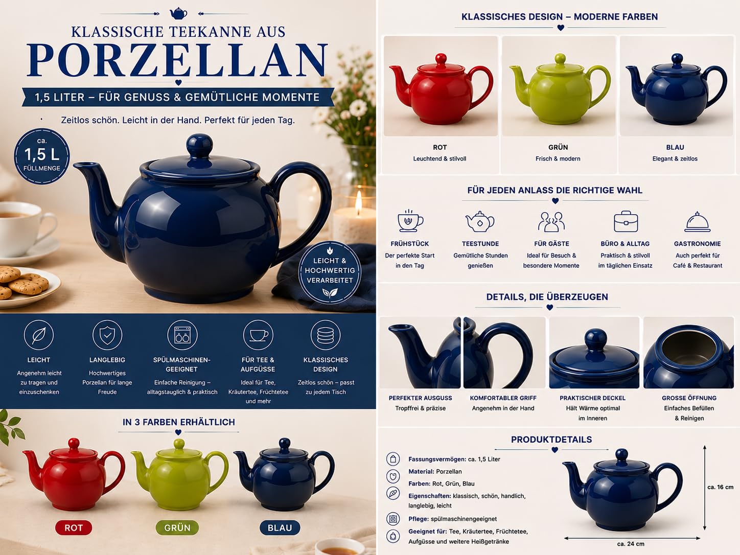 Teekanne aus Porzellan 1,5 Liter – Klassische Porzellankanne in Rot, Grün oder Blau – Leichte Teekanne mit moderner Farbgebung – Handlich, langlebig & spülmaschinengeeignet (Blau)