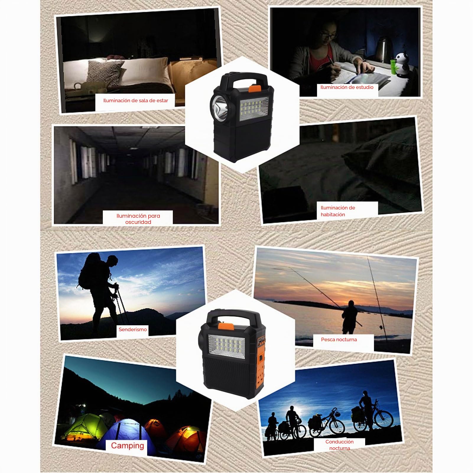 Generador solar portátil ligero de 6000 mAh - Planta eléctrica con luces LED - 3 bombillas de 3 W - Linterna ligera para camping de emergencia, autocaravana, actividades al aire libre, seguridad