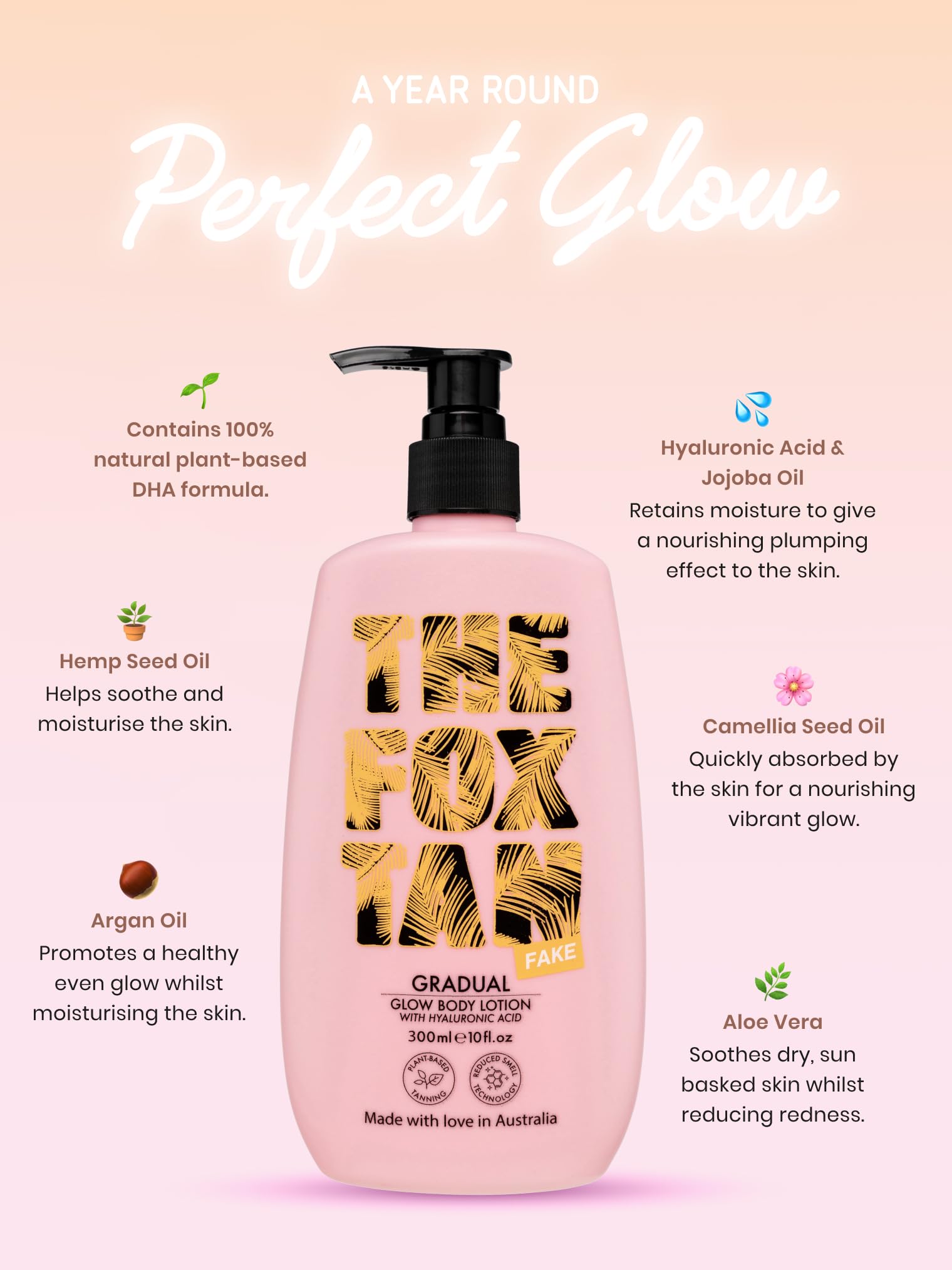 The Fox Tan Gradual Glow Body Lotion, Moisturizing Self-Tanning Lotion With Hyaluronic Acid For A Natural Streak-Free Tan, Vegan & Cruelty Free, 300mL