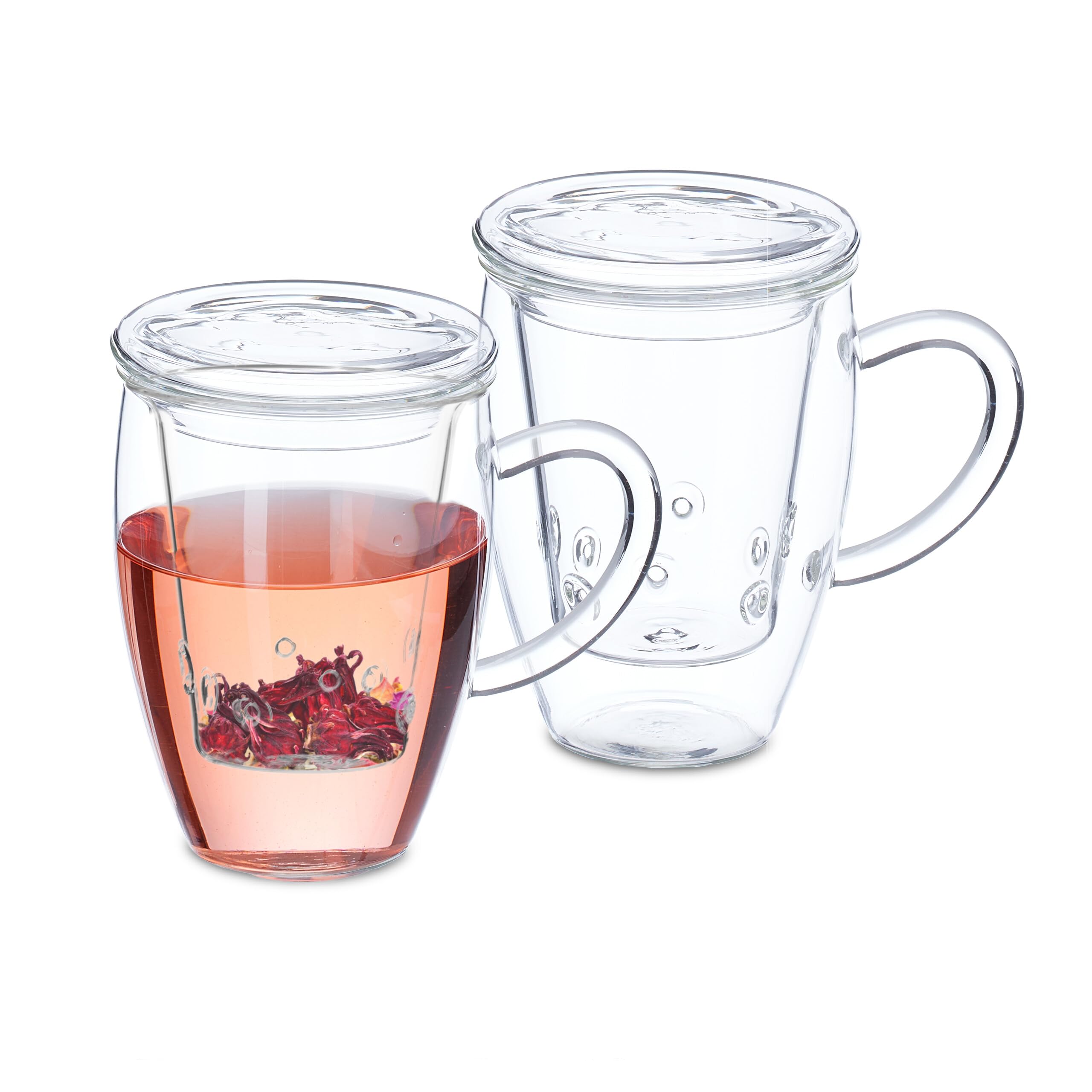 Relaxdays Tea Mug, Set of 2, with Infuser, Lid & Handle, 450 ml Capacity, Borosilicate Glass, Teacup, Transparent