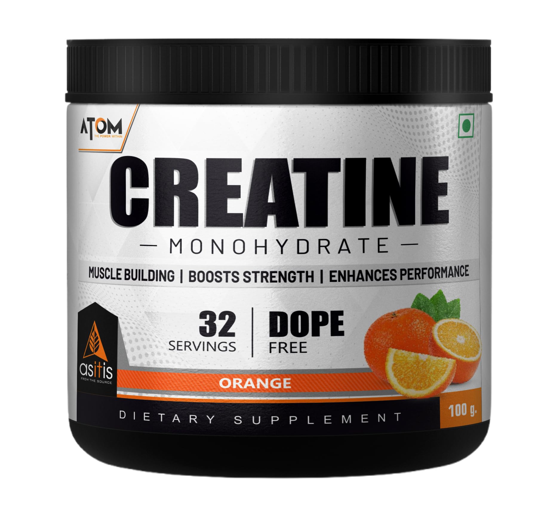 AS-T-IS Nutrition ATOM Creatine Monohydrate Powder 100G-32 Servings | Dope Free | Enhances Performance | Promotes Muscle Gains | Orange