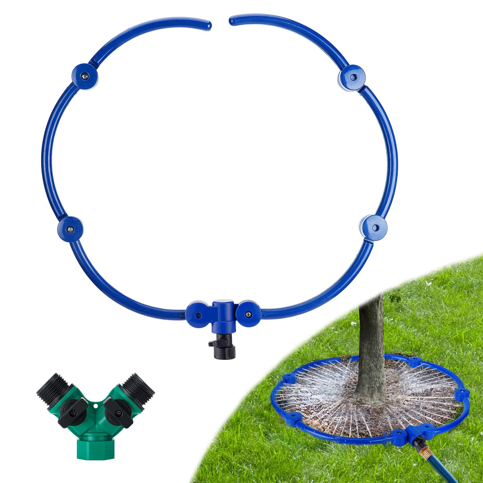 Aspersor de agua de árbol de 360°, anillo de riego ajustable de 55 pulgadas con separadores de manguera en Y, sistema de riego circular de raíces de árbol, fácil de usar para árboles nuevos al aire