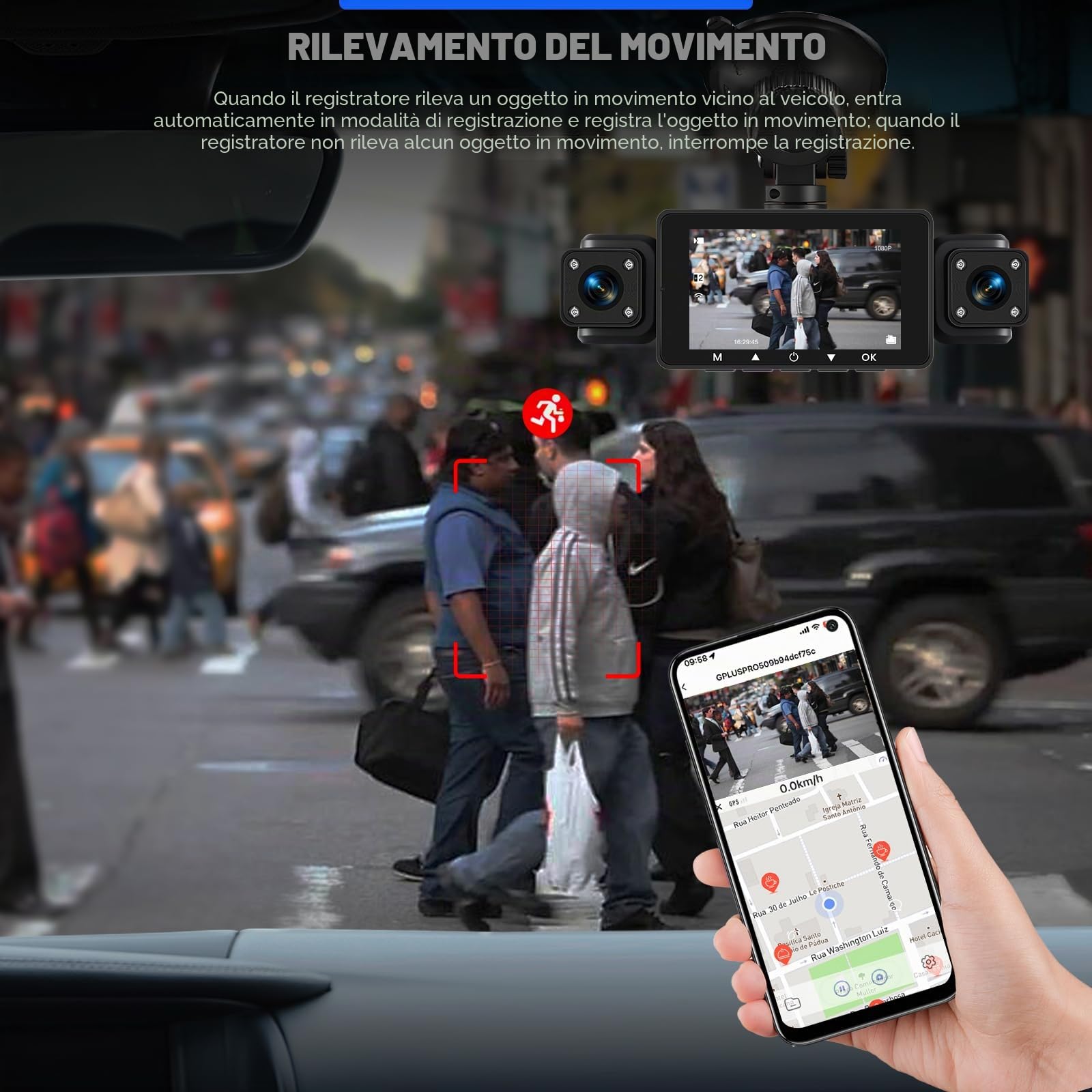Dash Cam Auto 360 Gradi 4 Canali 1080P, Schermo 3 Pollici | Dash Cam Tutto Intorno con WiFi/64GB/G-Sensor/Telecamera Posteriore/Visione Notturna/Registrazione in Loop